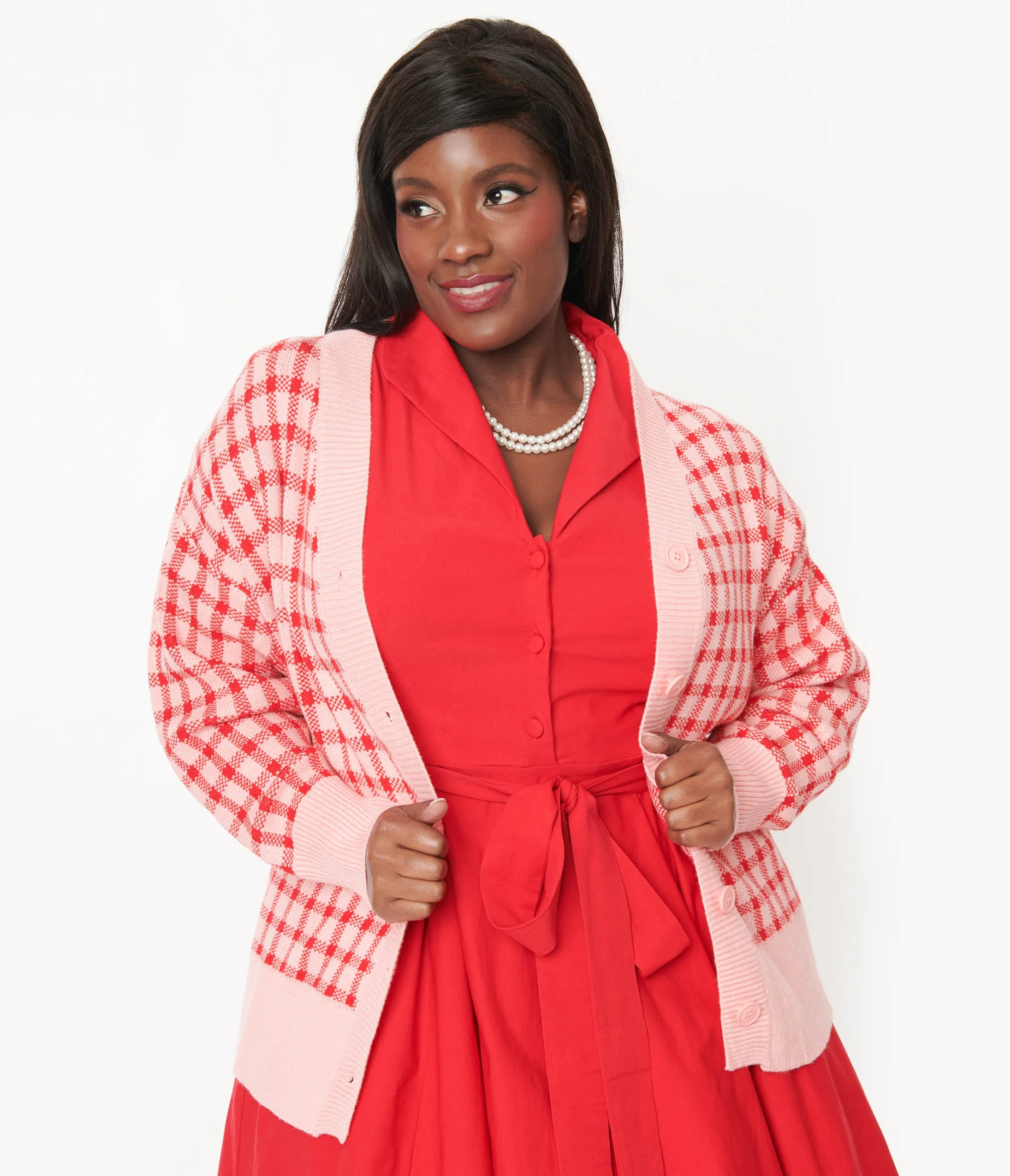 Pink & Red Checkered Cardigan Easy Date Night
