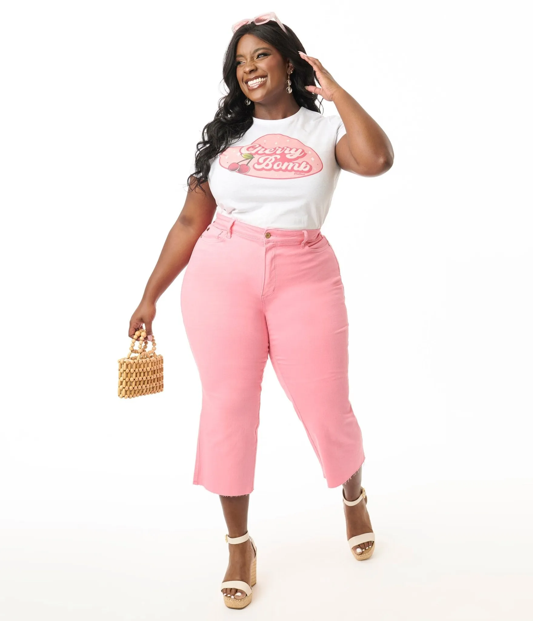 Pink High Rise Tummy Control Crop Jeans Comfortable Travel Wear