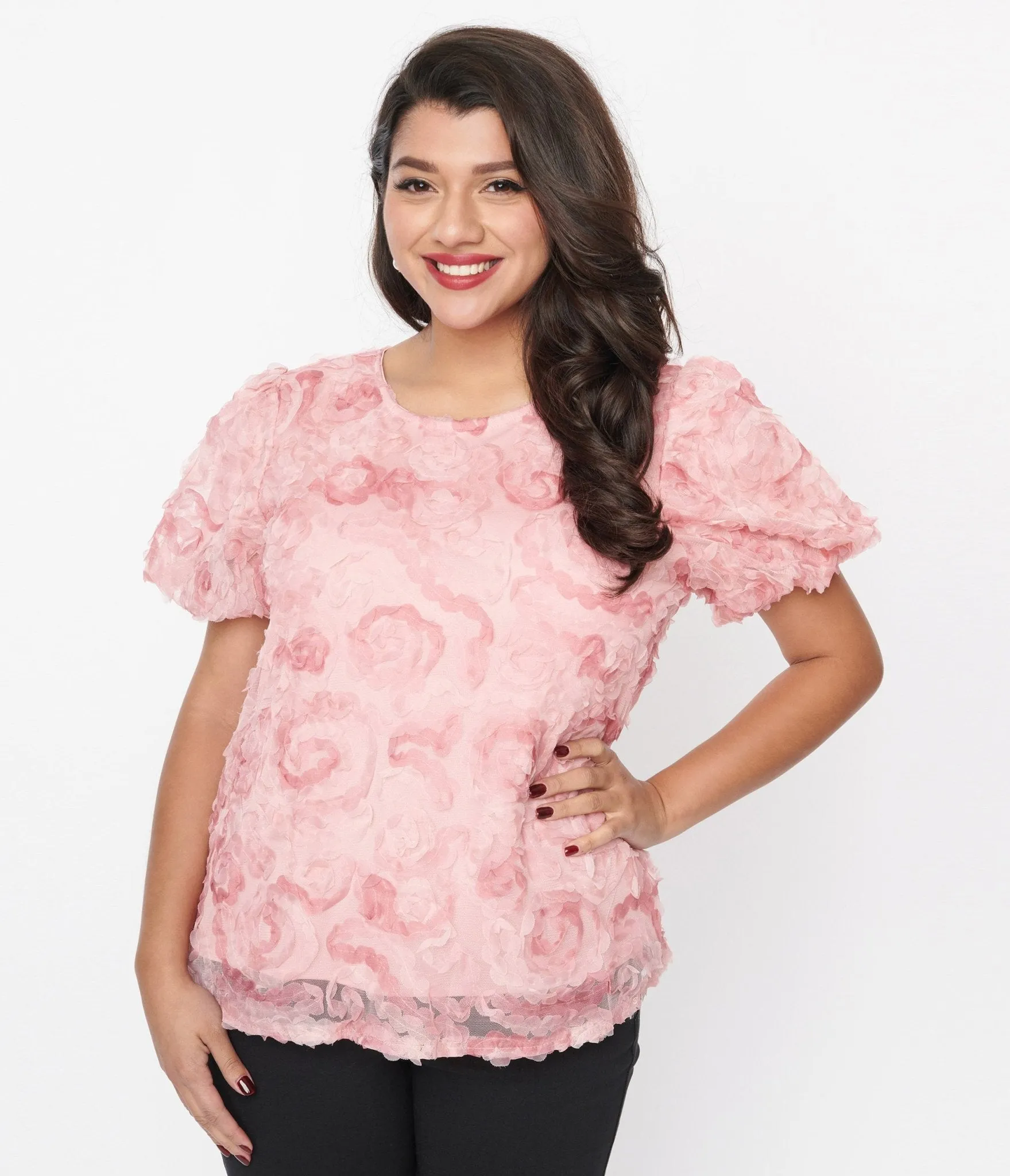 Pink Textured Floral Puff Sleeve Blouse Easy Date Night