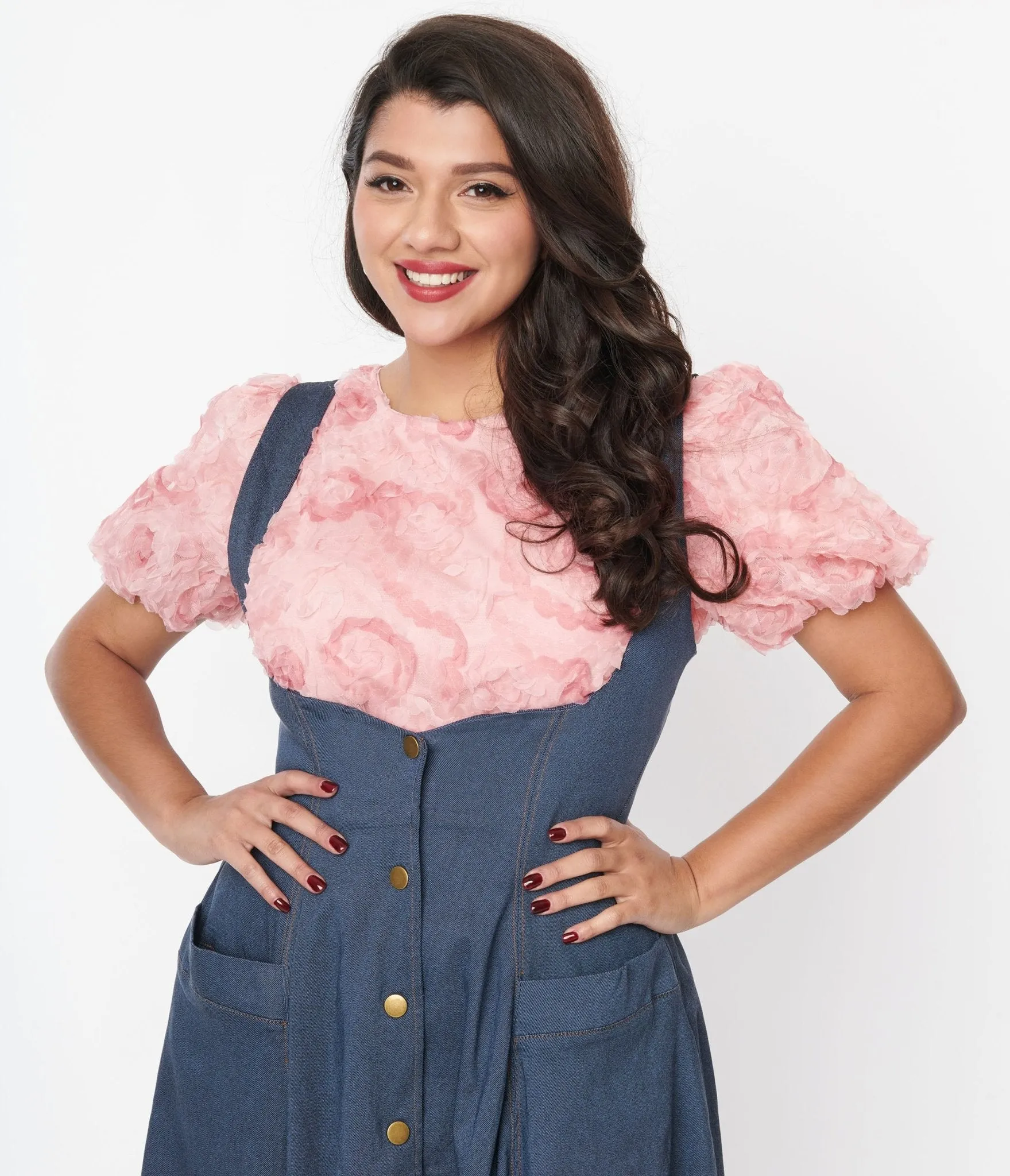 Pink Textured Floral Puff Sleeve Blouse Easy Date Night