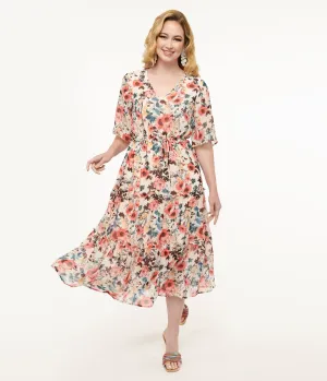 Pink Tropical Flower Chiffon Midi Dress Casual Everyday Look