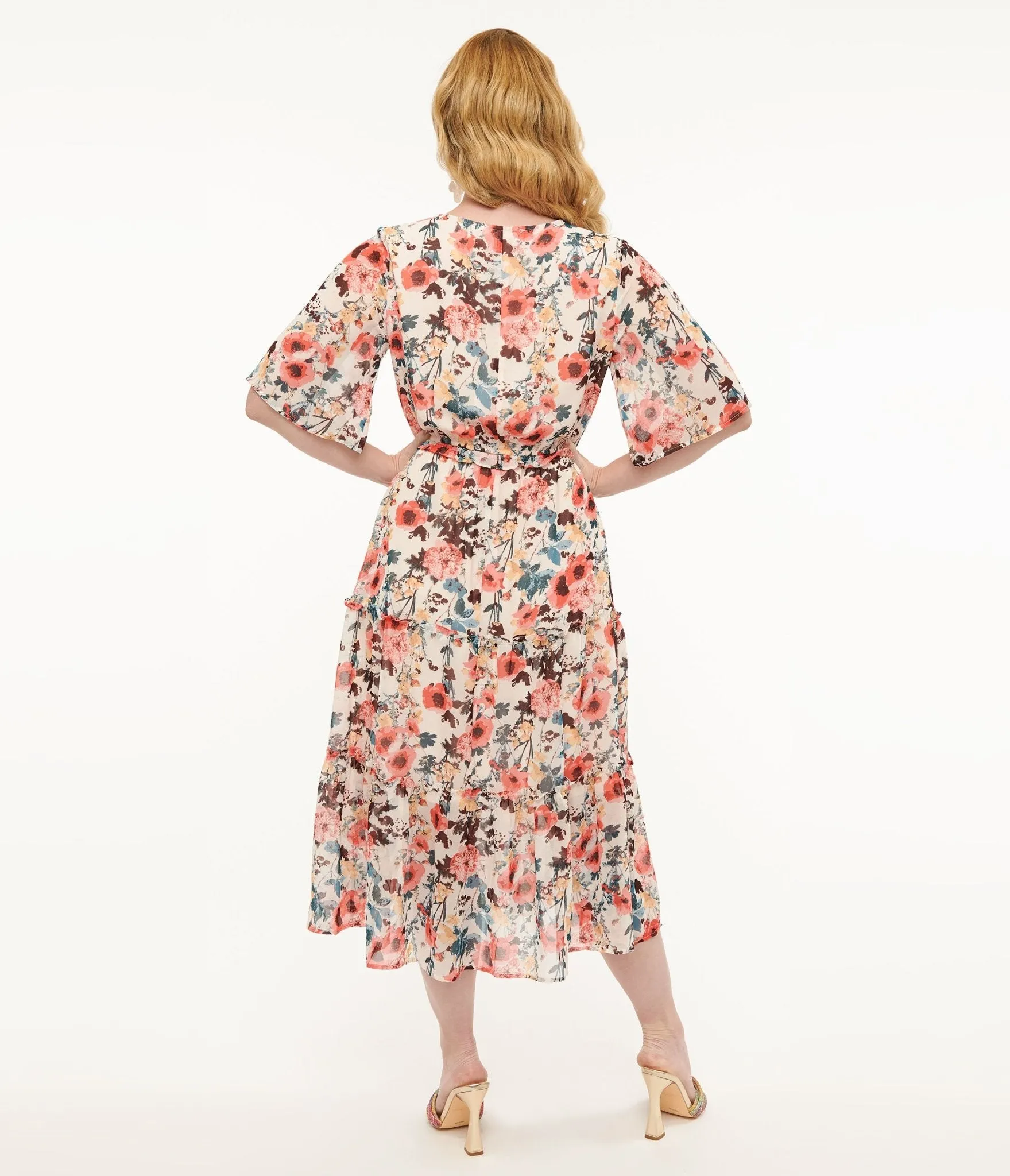 Pink Tropical Flower Chiffon Midi Dress Casual Everyday Look