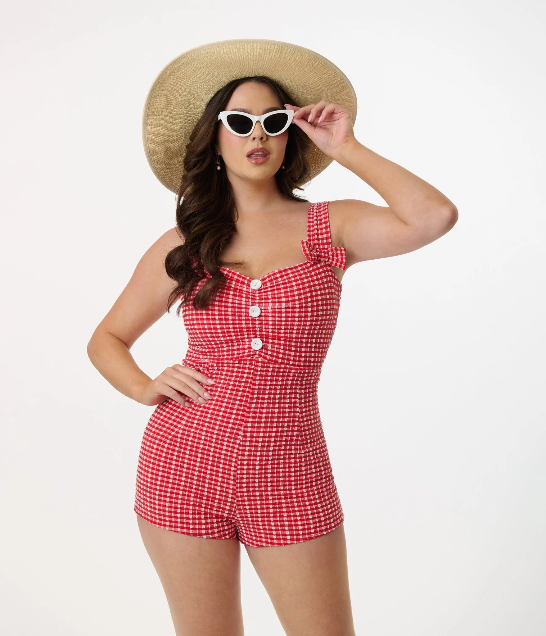 Pinky Pinups 1950s Red Gingham One Piece Swimsuit Beach Vacation Ready