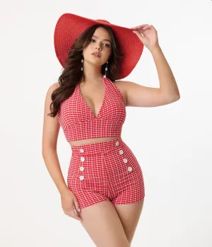 Pinky Pinups 1960s Red & White Gingham Halter Swim Top Beach Vacation Ready
