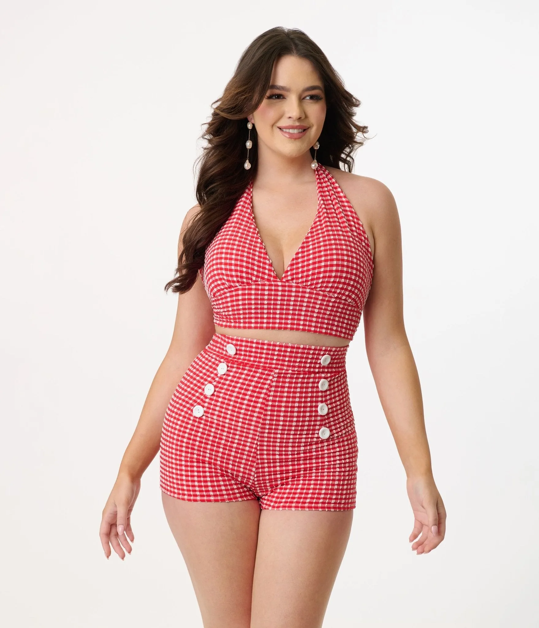 Pinky Pinups 1960s Red & White Gingham Halter Swim Top Beach Vacation Ready
