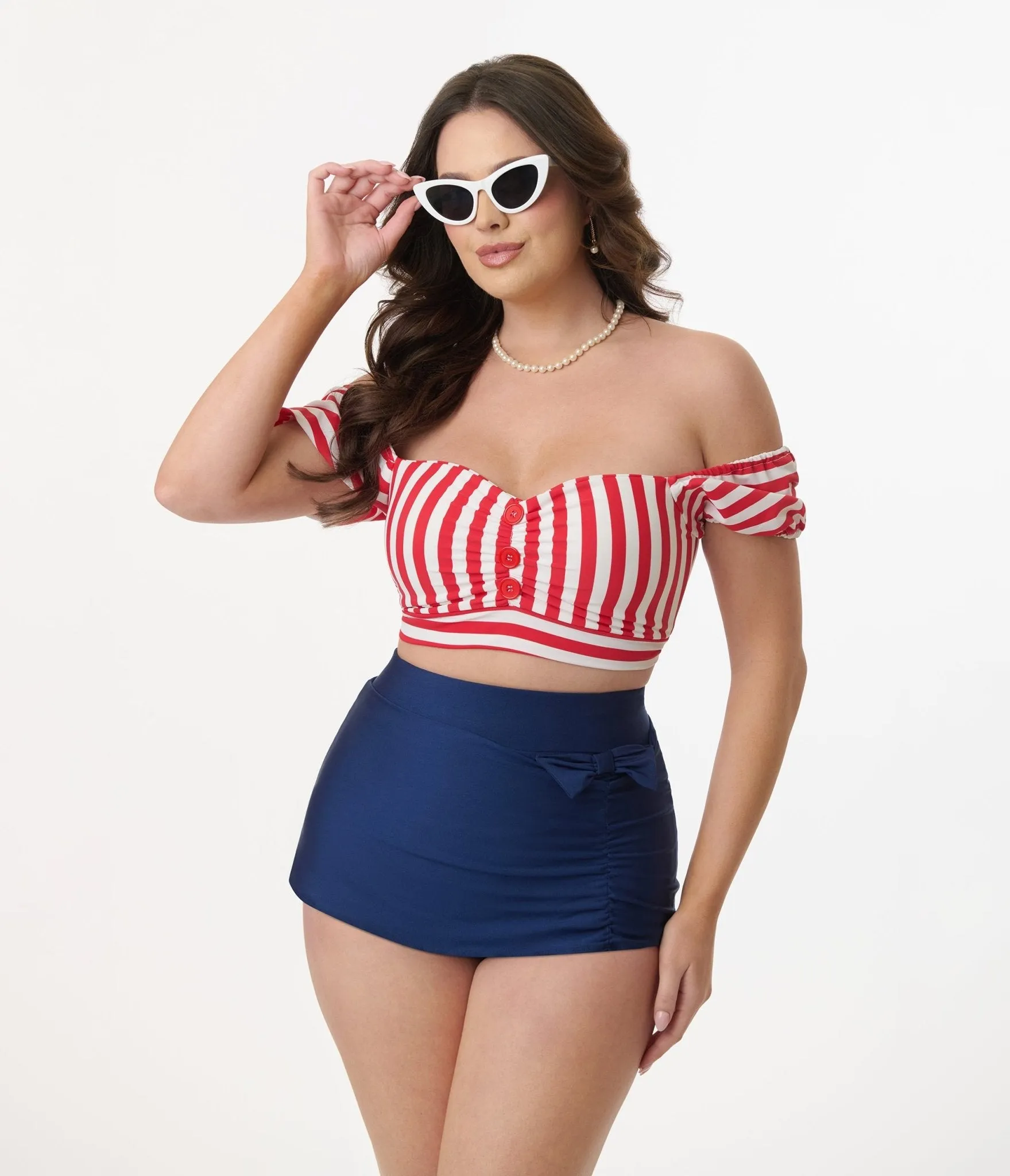 Pinky Pinups Red & White Stripe Swim Top Beach Vacation Ready