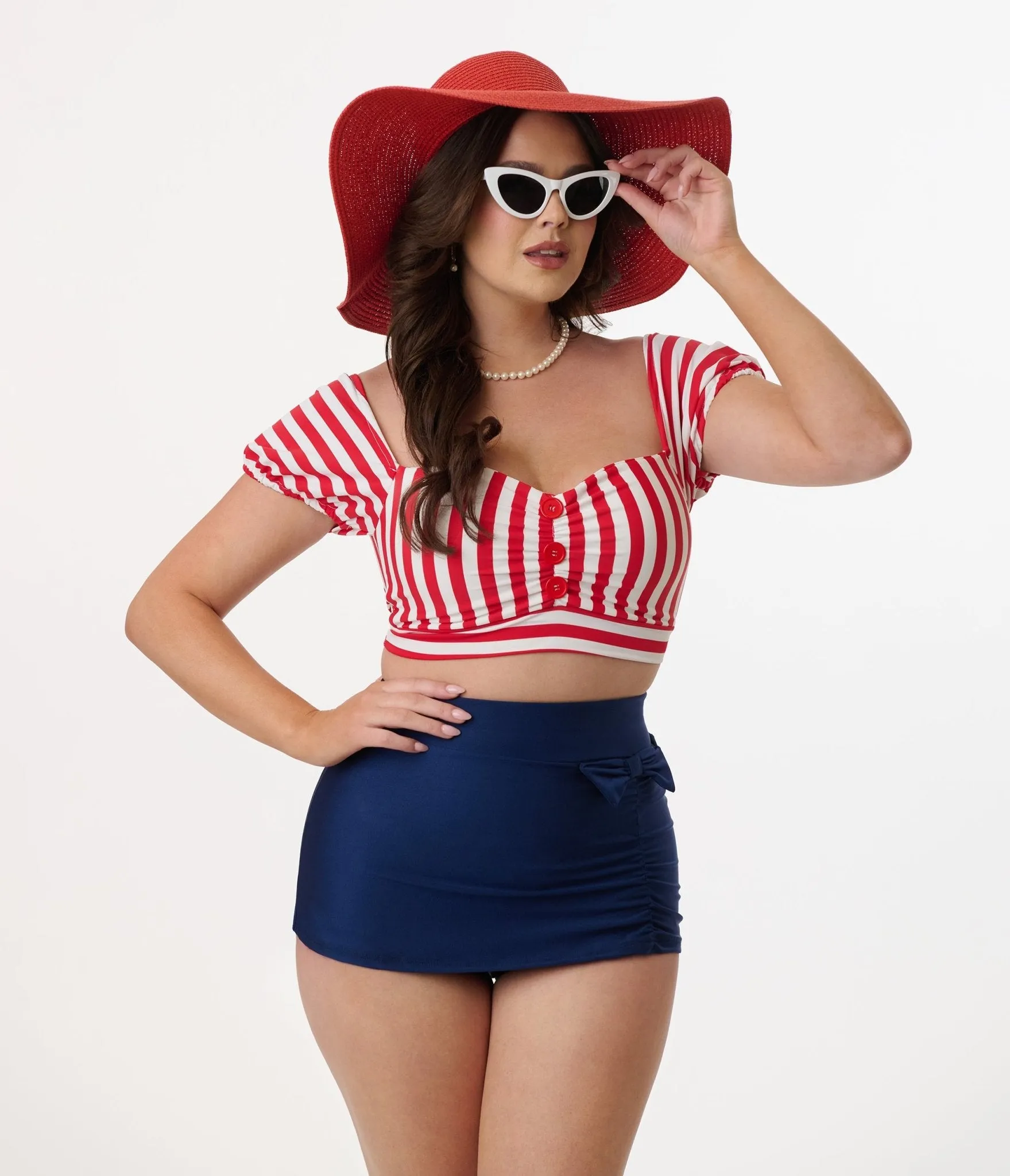 Pinky Pinups Red & White Stripe Swim Top Beach Vacation Ready