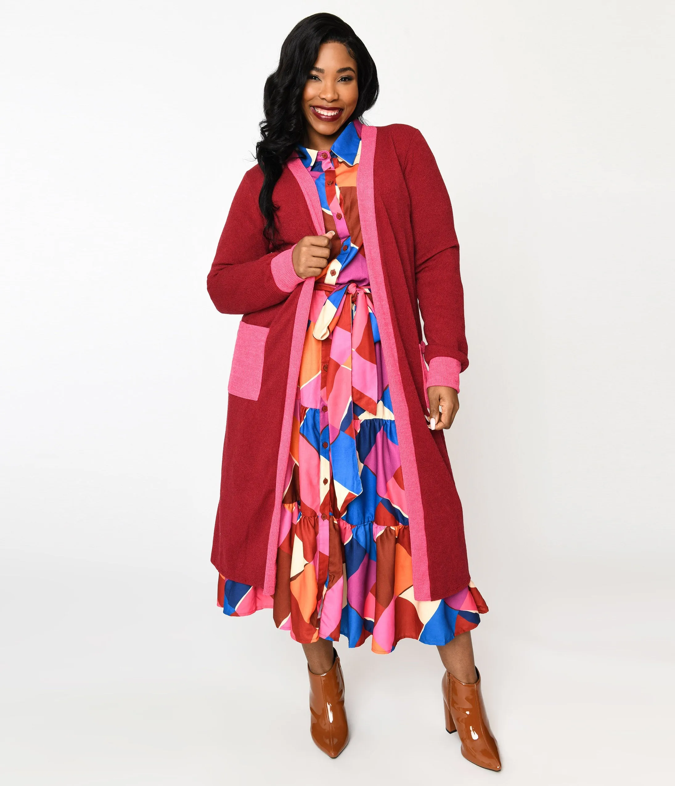 Plus Long Berry & Pink Contrast Open Long Cardigan Easy Date Night