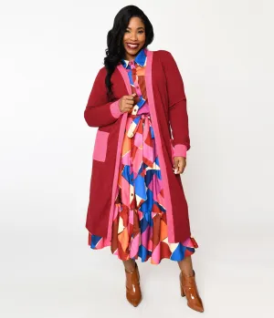 Plus Long Berry & Pink Contrast Open Long Cardigan Easy Date Night