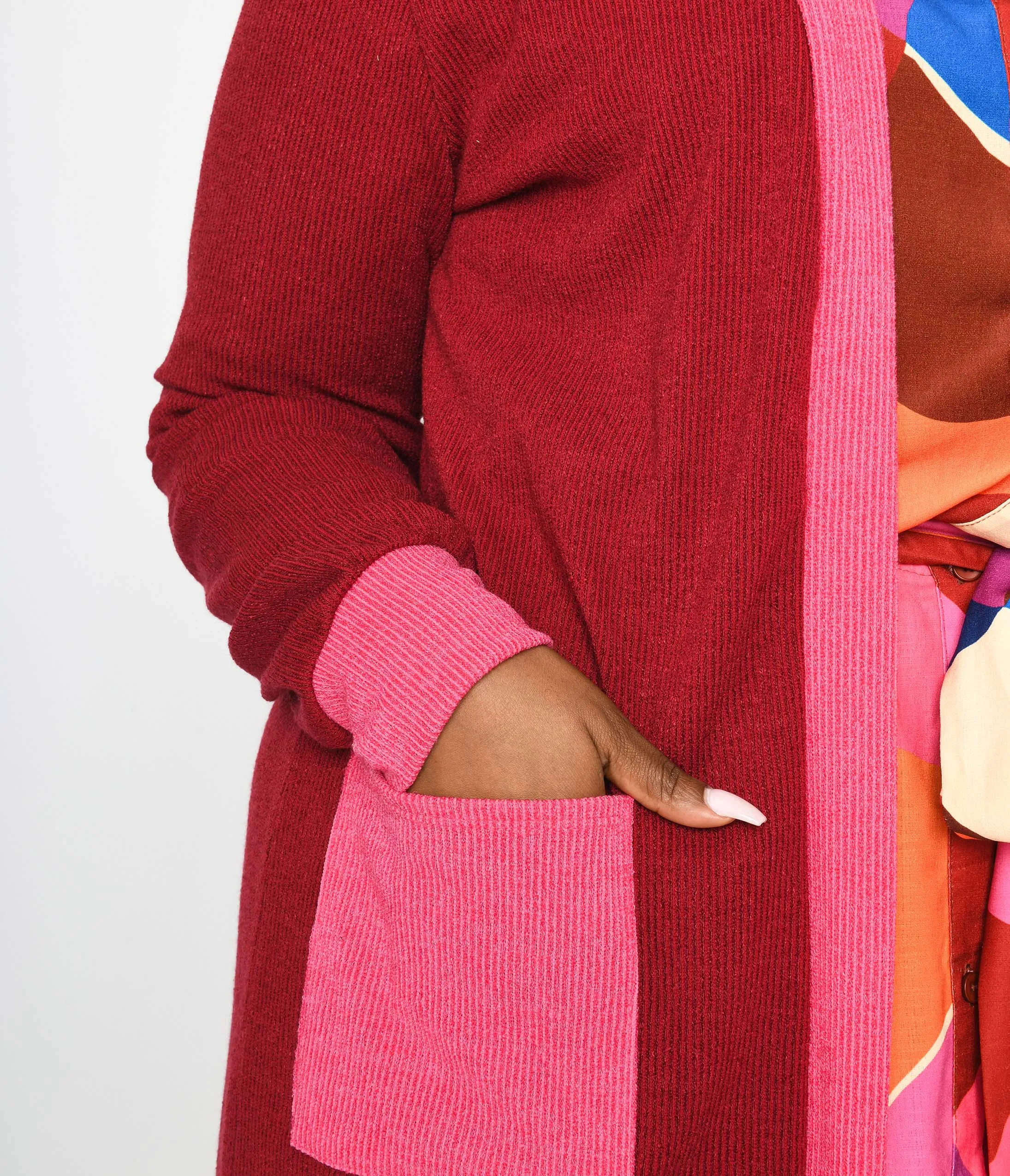 Plus Long Berry & Pink Contrast Open Long Cardigan Easy Date Night