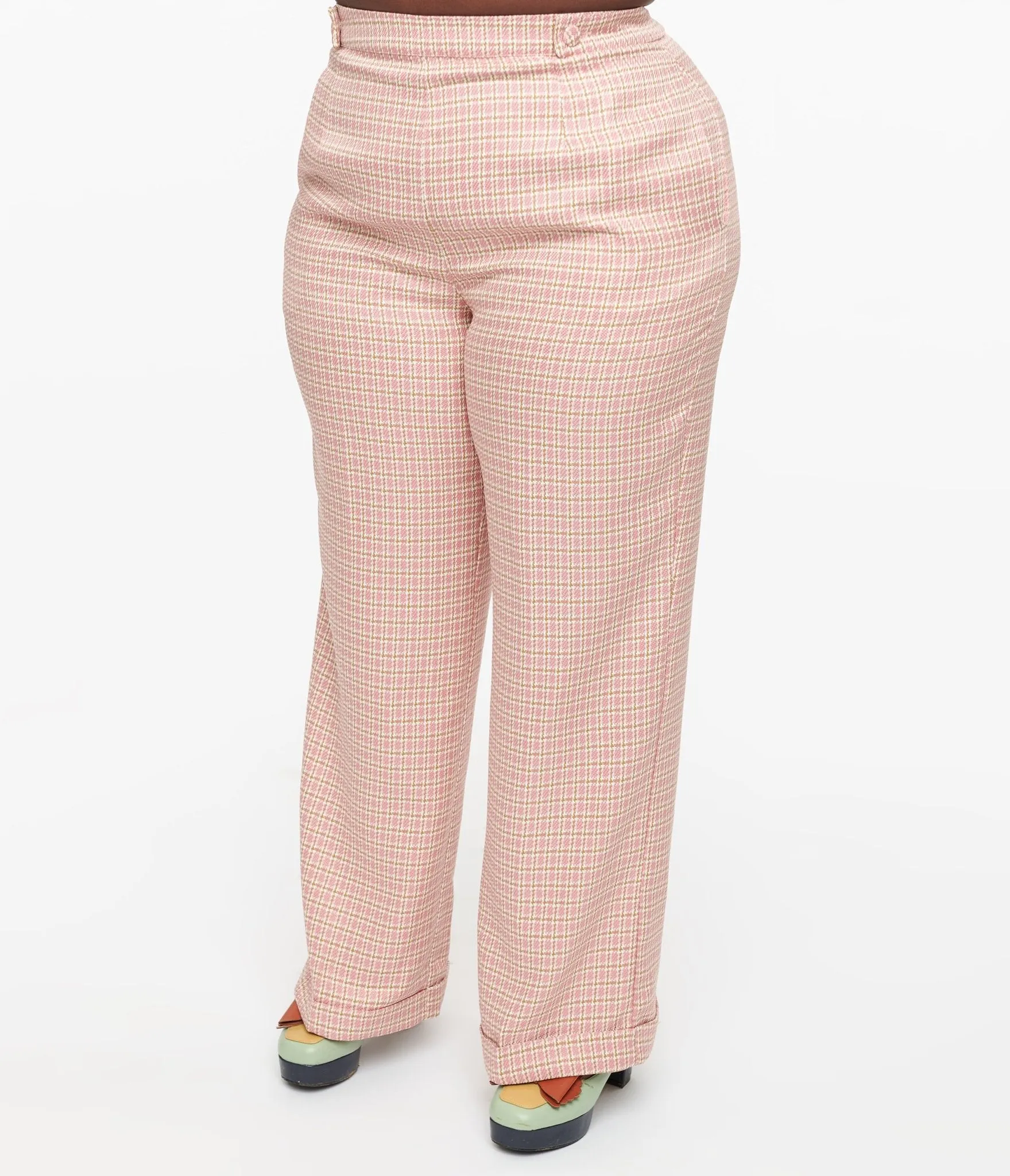Plus Size 1940s Pink Check Ruby Trousers Comfortable Travel Wear