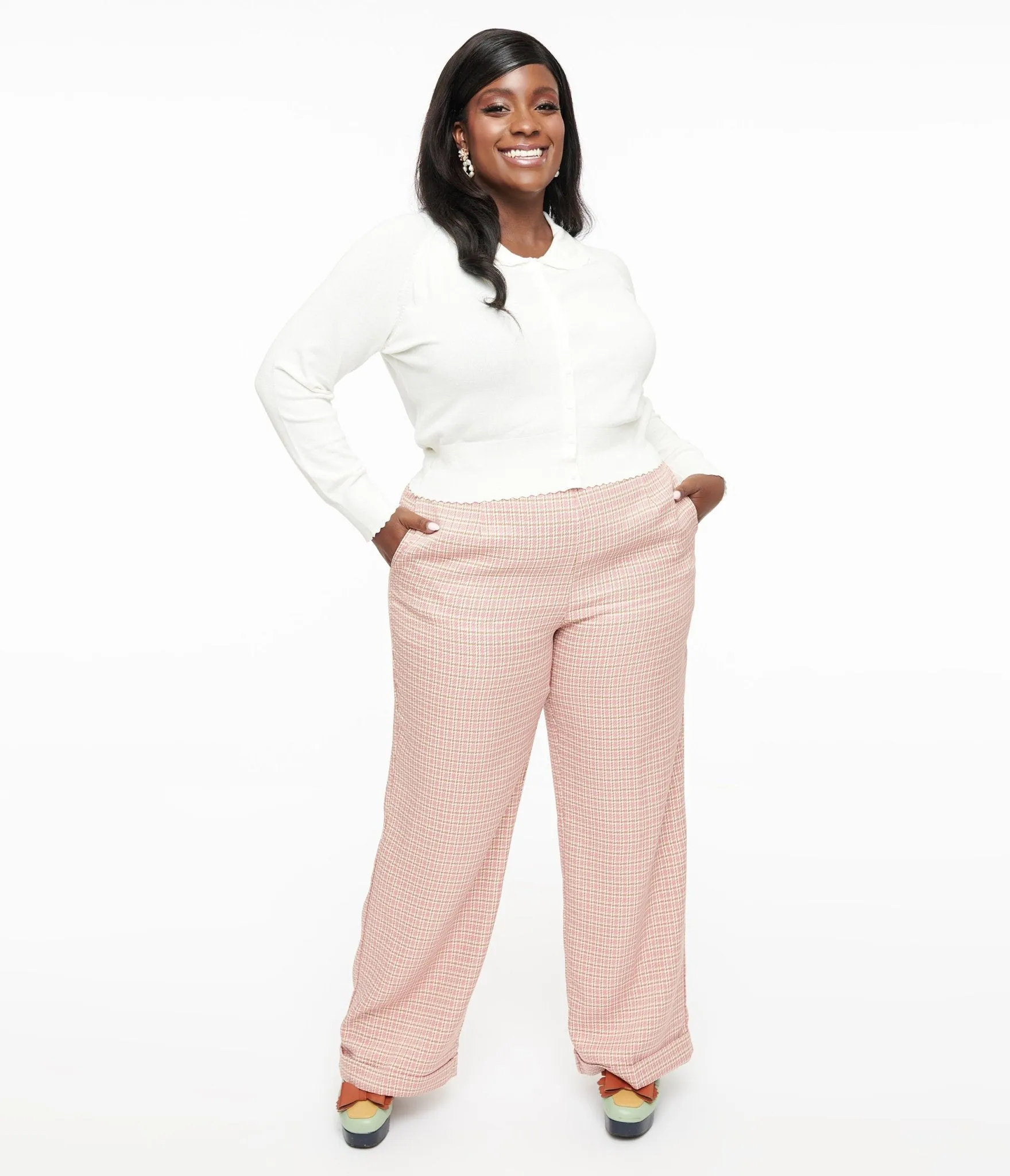 Plus Size 1940s Pink Check Ruby Trousers Comfortable Travel Wear