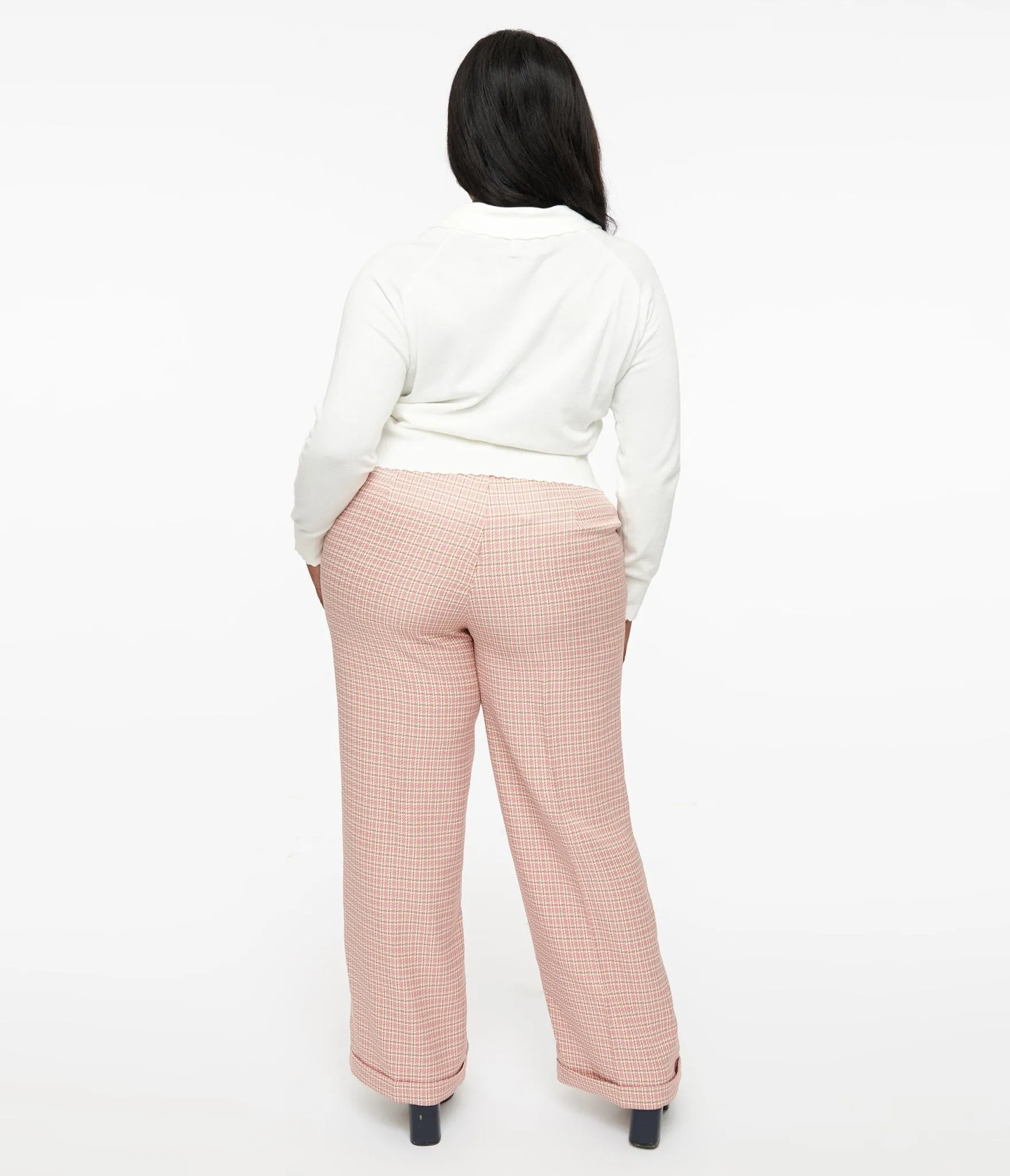 Plus Size 1940s Pink Check Ruby Trousers Comfortable Travel Wear