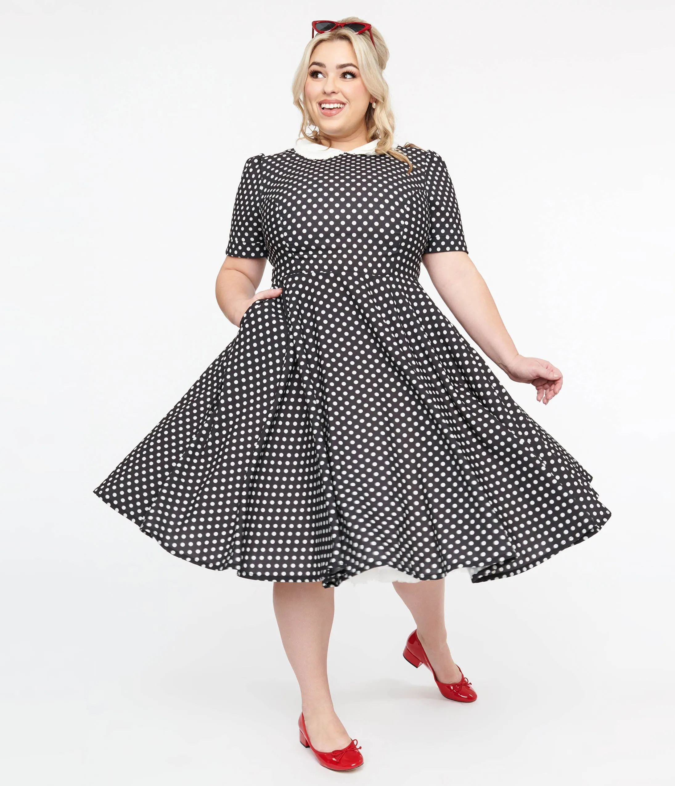 Plus Size 1950s Black & White Polka Dot Brielle Swing Dress Casual Everyday Look