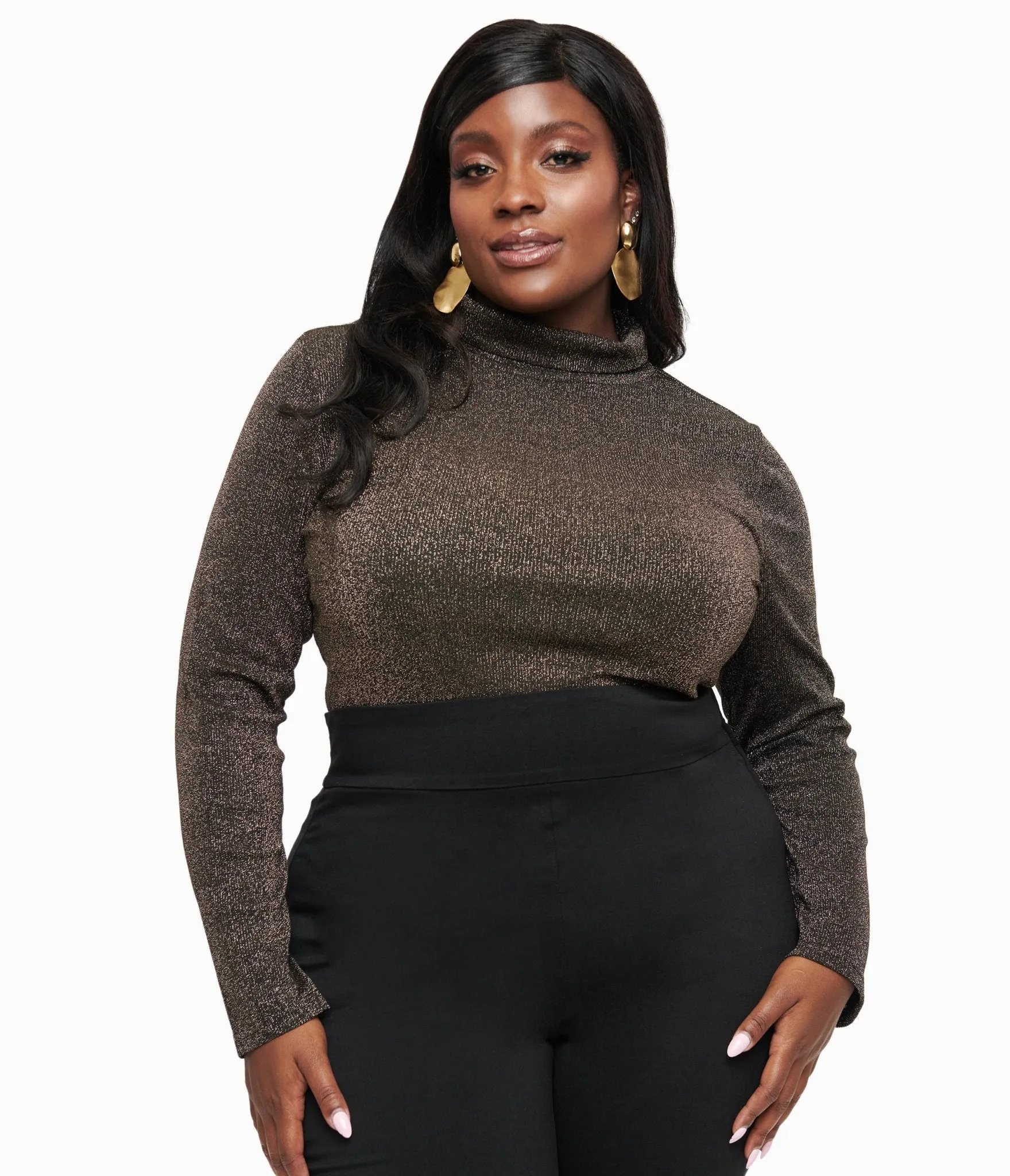 Plus Size 1950s Black Opal Lurex Mock Turtleneck Top Easy Date Night
