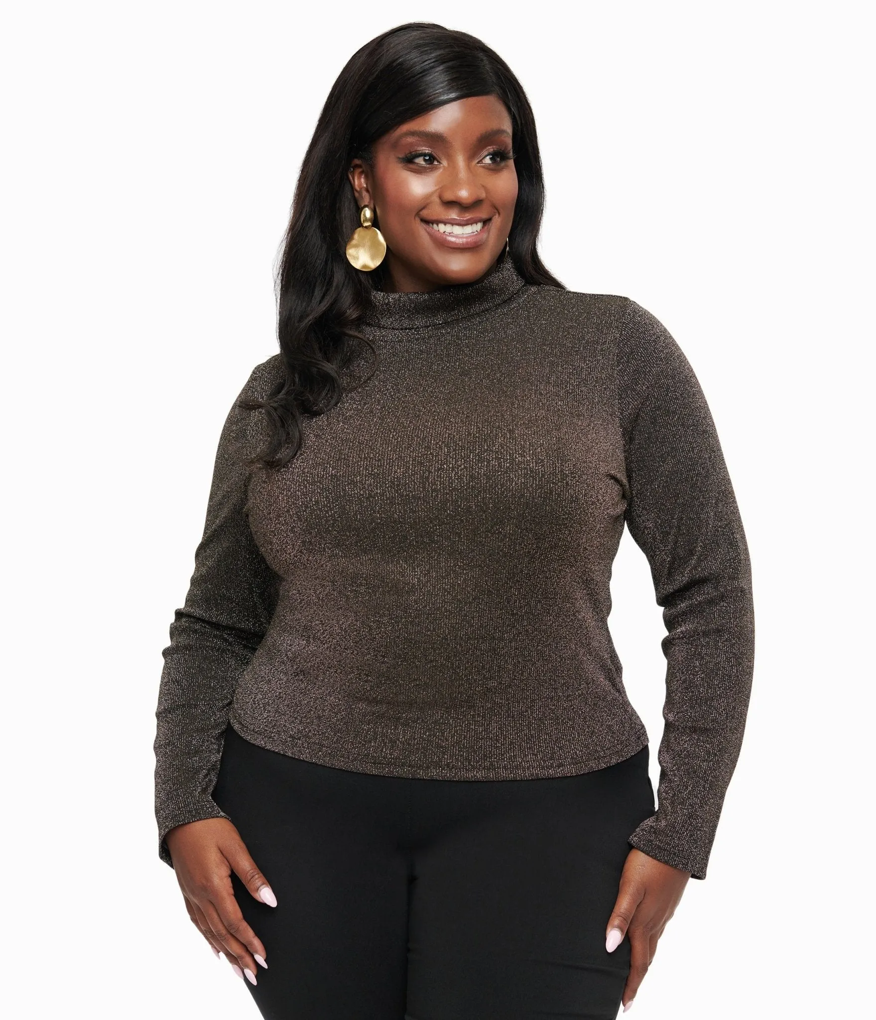 Plus Size 1950s Black Opal Lurex Mock Turtleneck Top Easy Date Night