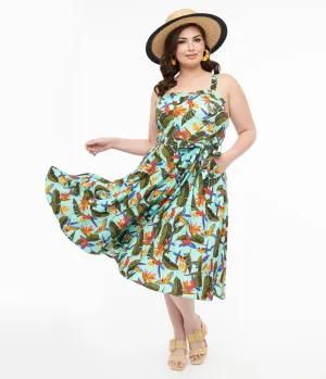 Plus Size 1950s Blue & Green Tropical Parrot Print Lori Swing Dress Casual Everyday Look