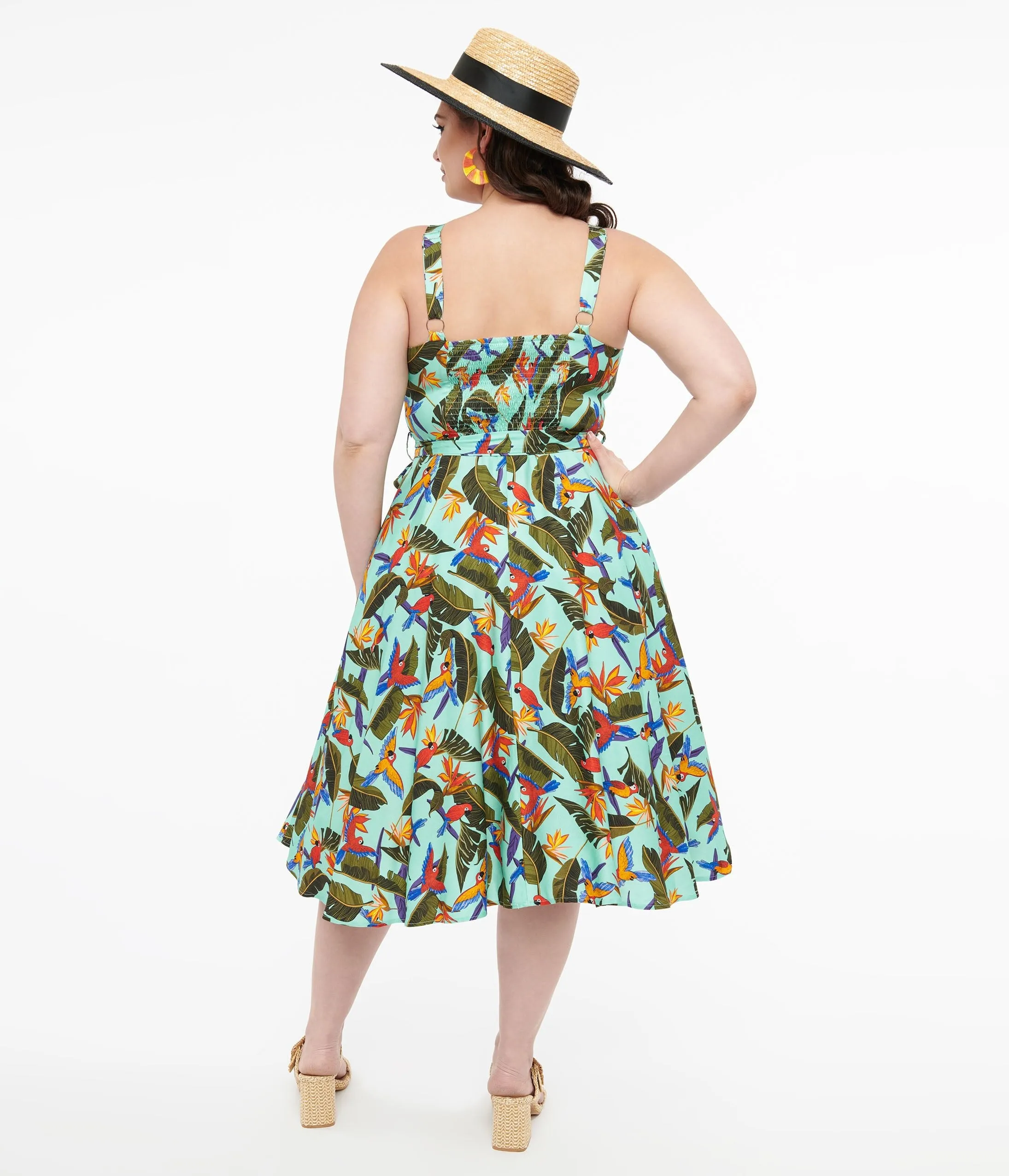 Plus Size 1950s Blue & Green Tropical Parrot Print Lori Swing Dress Casual Everyday Look