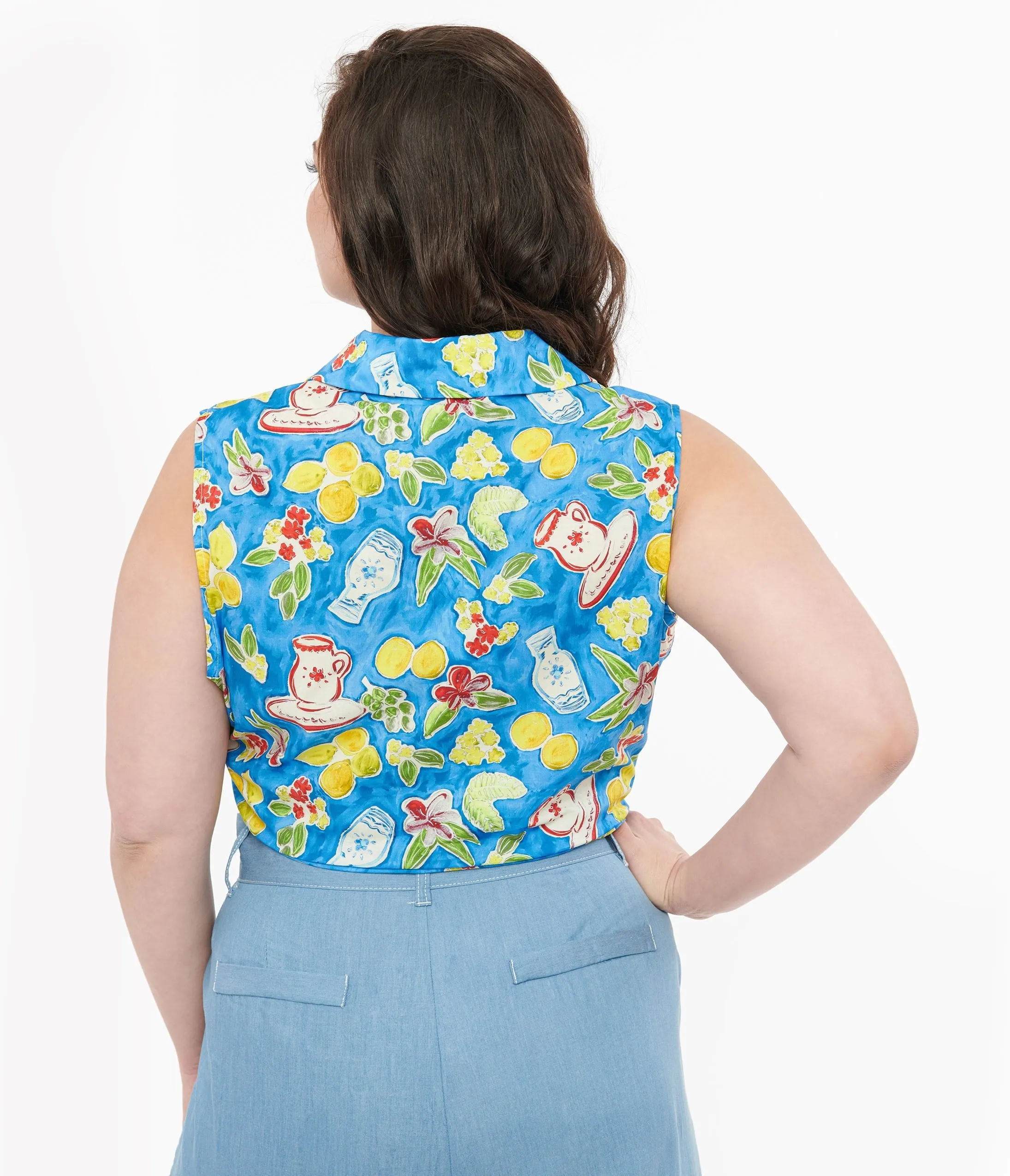 Plus Size 1950s Blue Lemon In My Tea Print Crop Top Easy Date Night