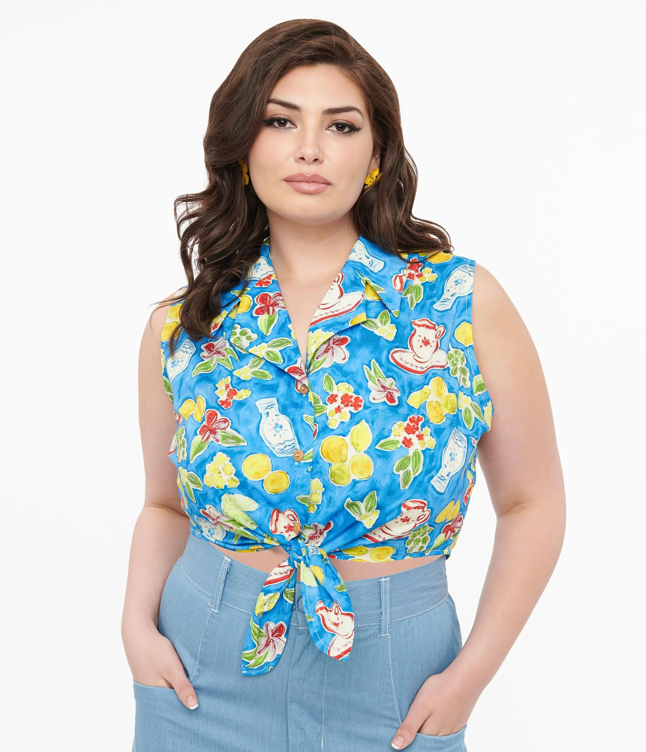 Plus Size 1950s Blue Lemon In My Tea Print Crop Top Easy Date Night