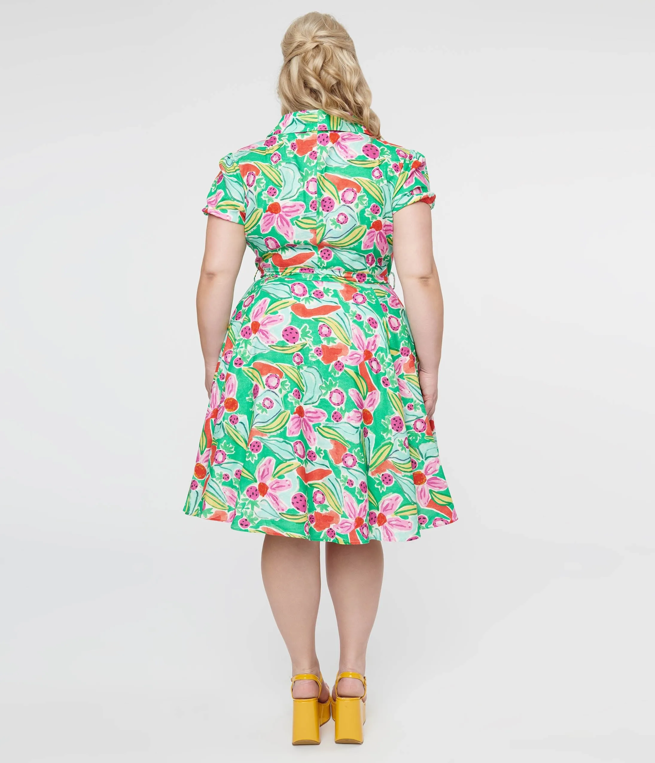 Plus Size 1950s Green & Pink Berry Bloom Print Monroe Fit & Flare Dress Casual Everyday Look