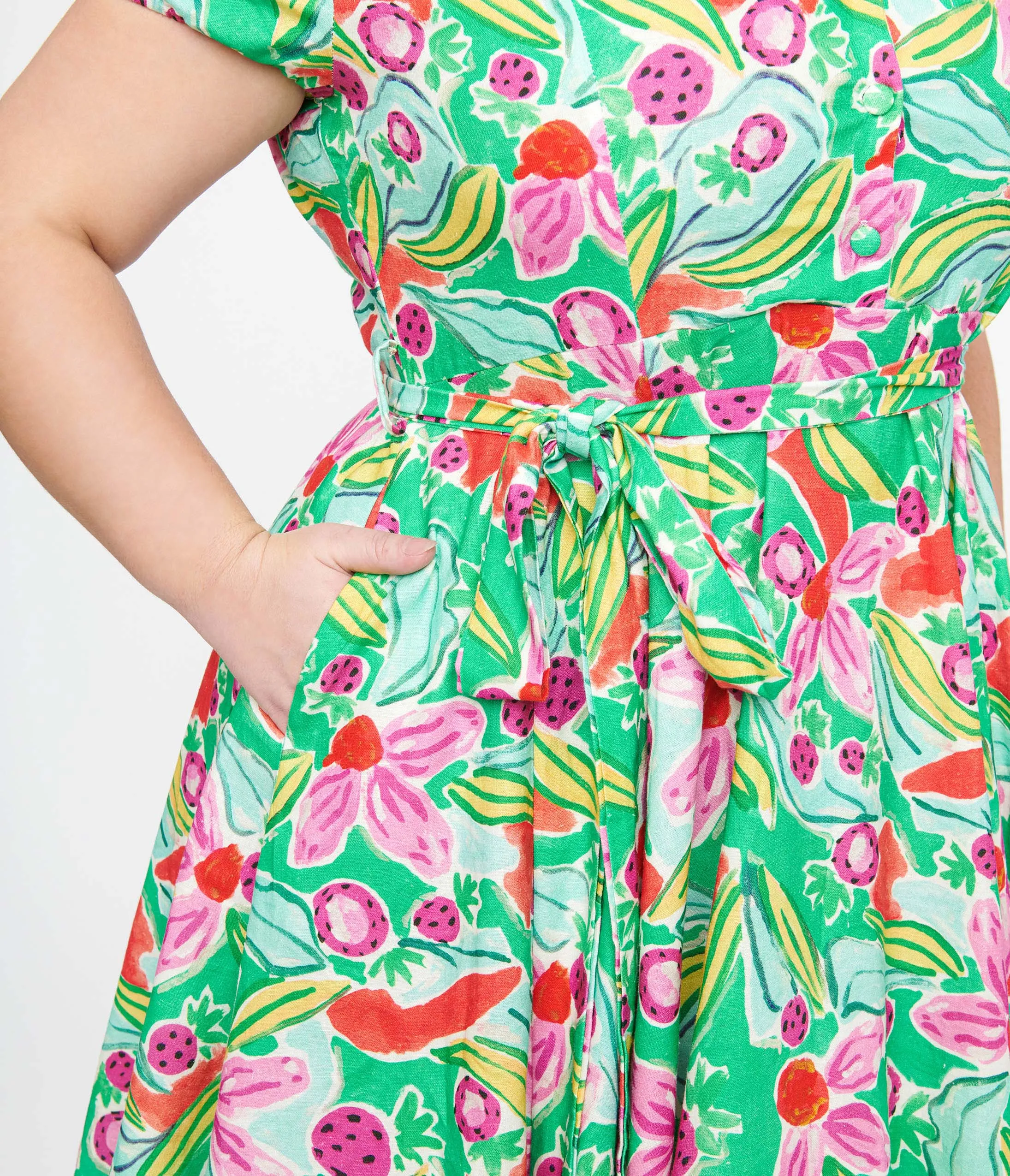 Plus Size 1950s Green & Pink Berry Bloom Print Monroe Fit & Flare Dress Casual Everyday Look