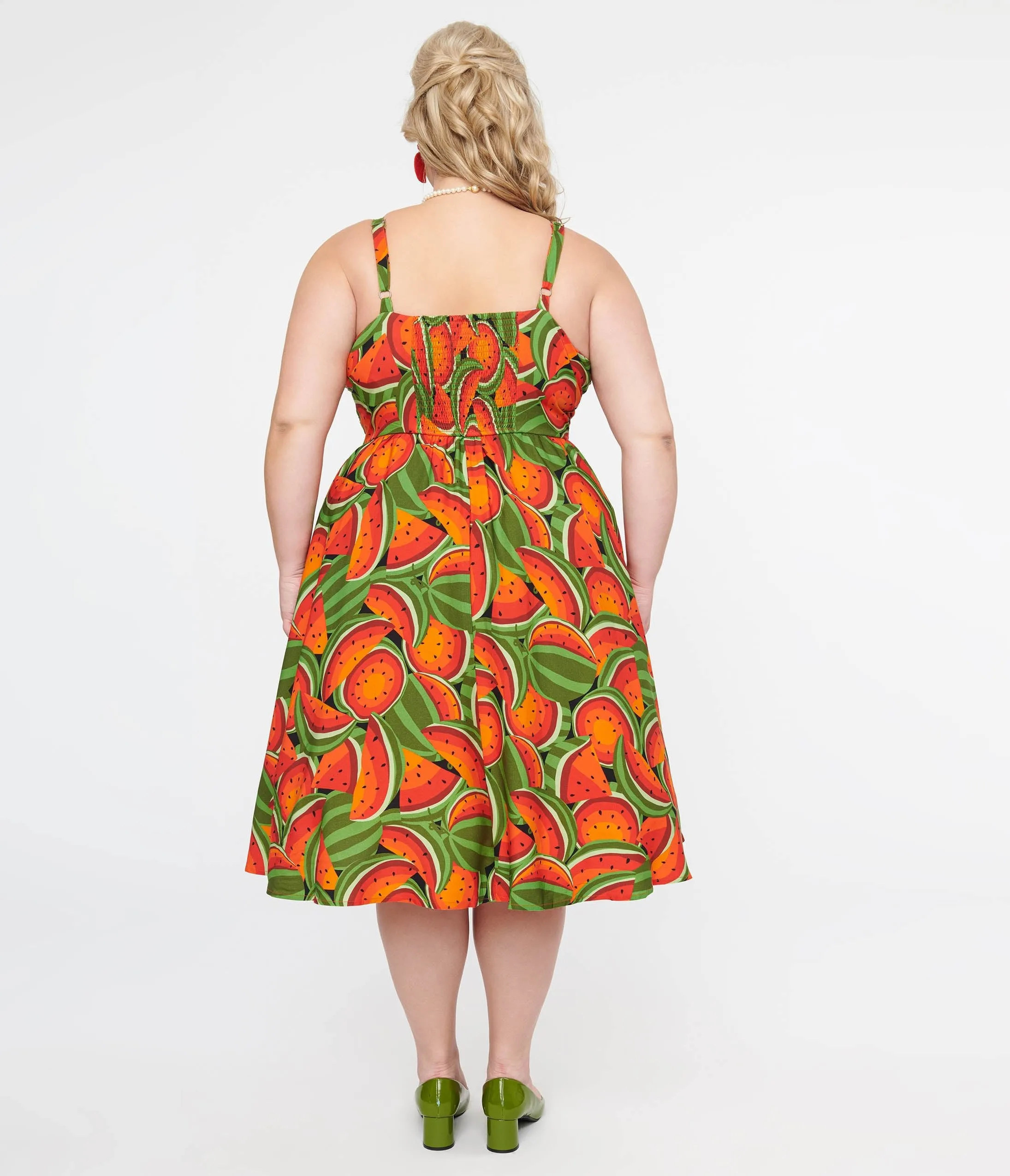 Plus Size 1950s Red & Green Watermelon Print Eden Fit & Flare Dress Casual Everyday Look
