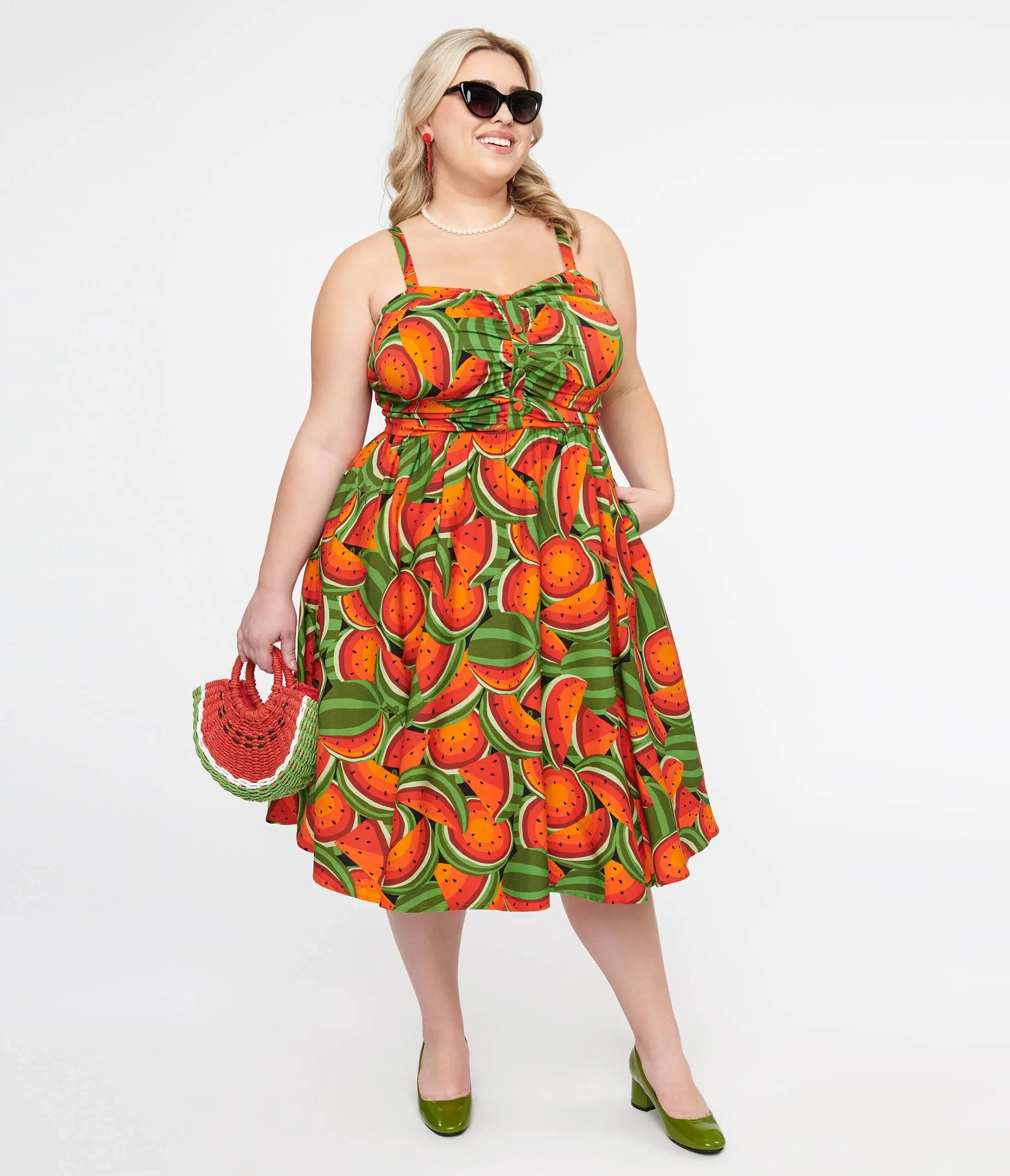 Plus Size 1950s Red & Green Watermelon Print Eden Fit & Flare Dress Casual Everyday Look