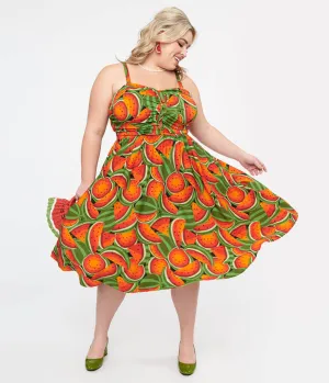 Plus Size 1950s Red & Green Watermelon Print Eden Fit & Flare Dress Casual Everyday Look