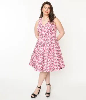 Plus Size 1950s Style Hot Pink Cat Print Sleeveless Swing Dress Casual Everyday Look