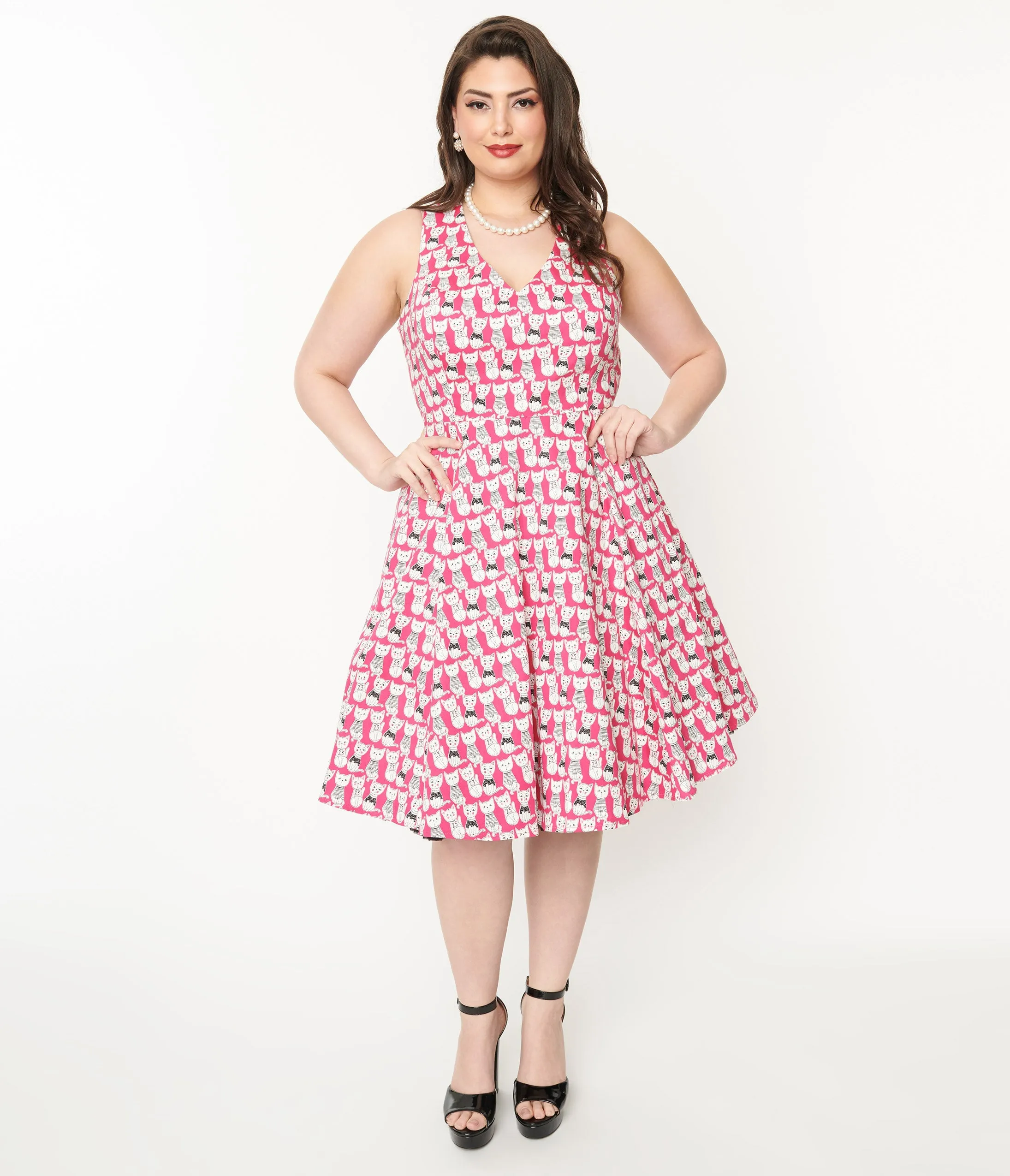 Plus Size 1950s Style Hot Pink Cat Print Sleeveless Swing Dress Casual Everyday Look