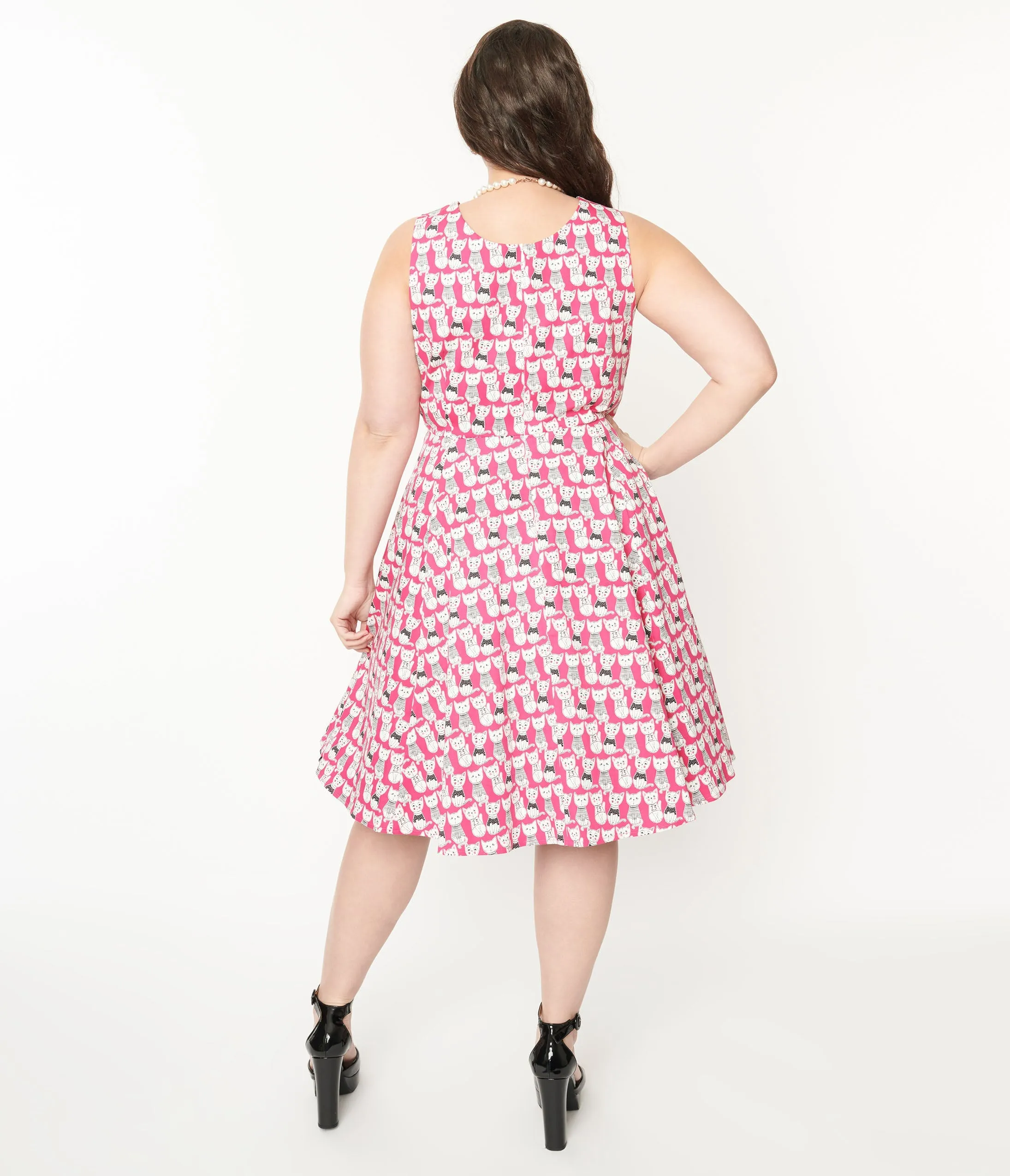 Plus Size 1950s Style Hot Pink Cat Print Sleeveless Swing Dress Casual Everyday Look