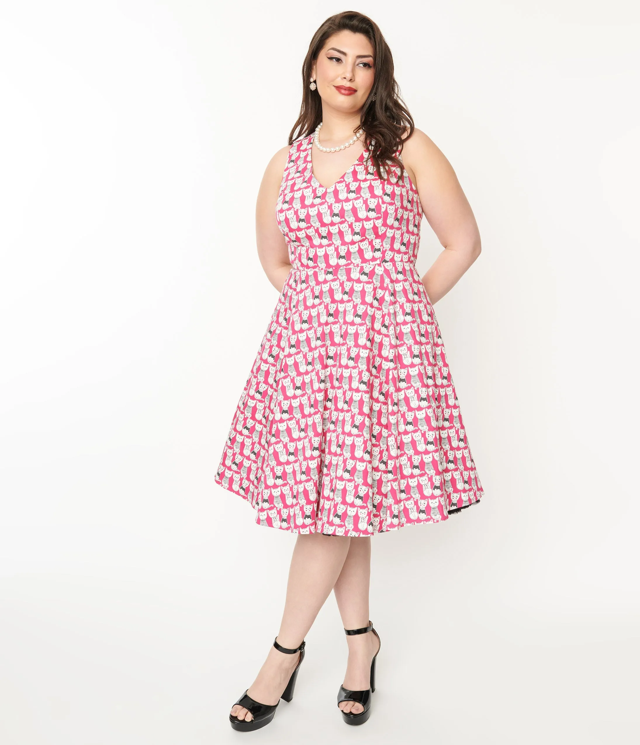 Plus Size 1950s Style Hot Pink Cat Print Sleeveless Swing Dress Casual Everyday Look