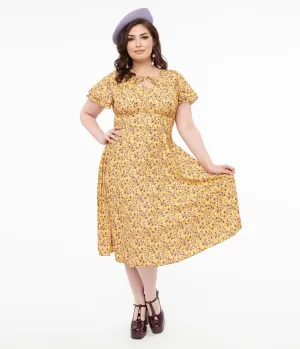 Plus Size 1950s Yellow & Purple Floral Capelet Swing Dress Casual Everyday Look