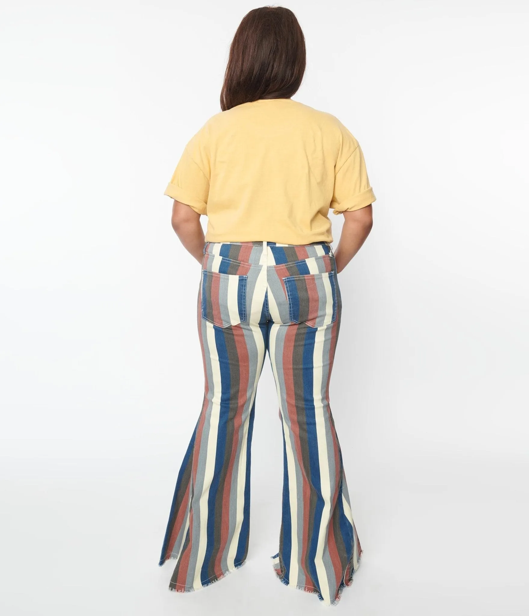Plus Size 1970s Blue Multi Striped Denim Bell Bottom Jeans Comfortable Travel Wear