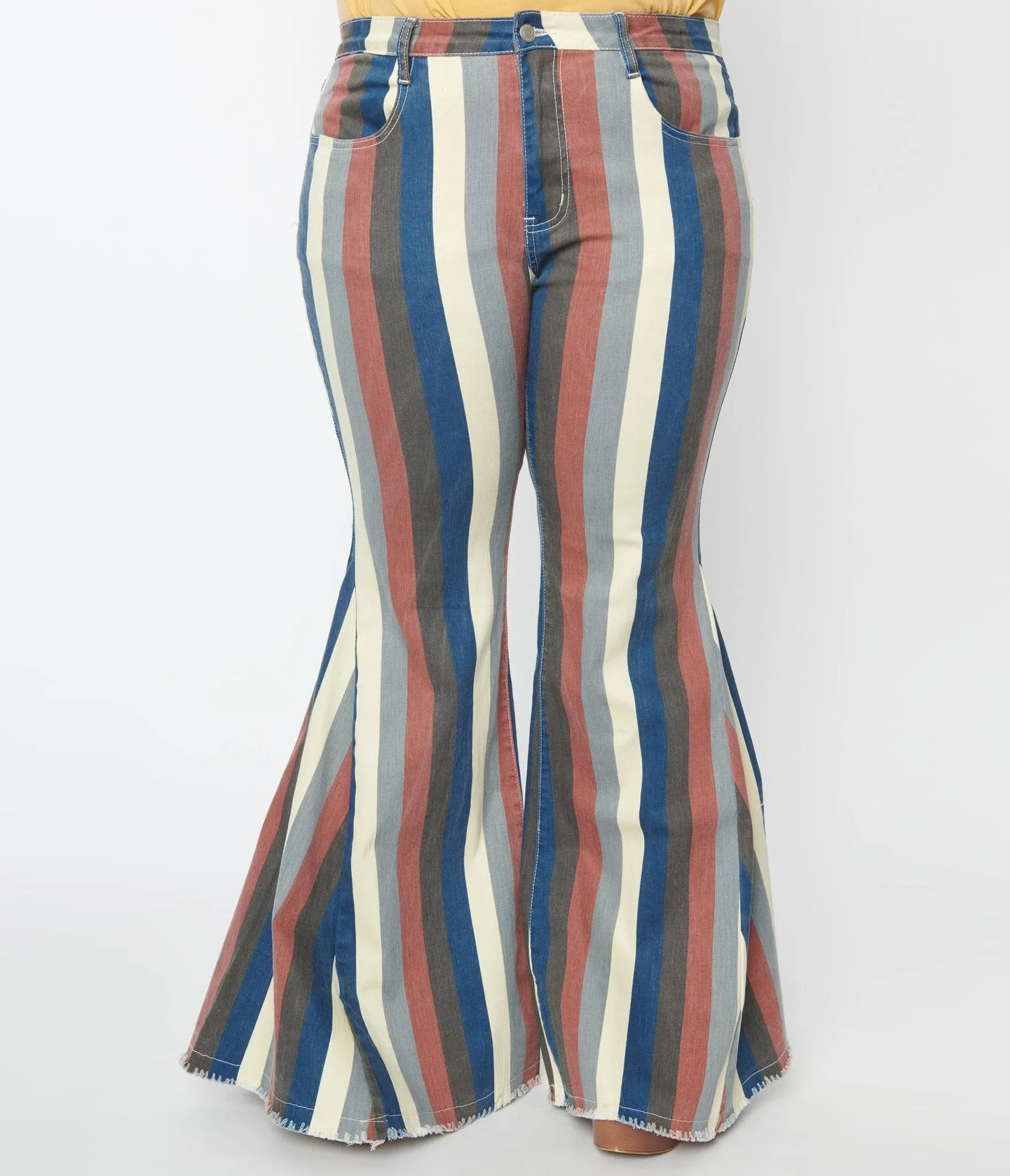Plus Size 1970s Blue Multi Striped Denim Bell Bottom Jeans Comfortable Travel Wear