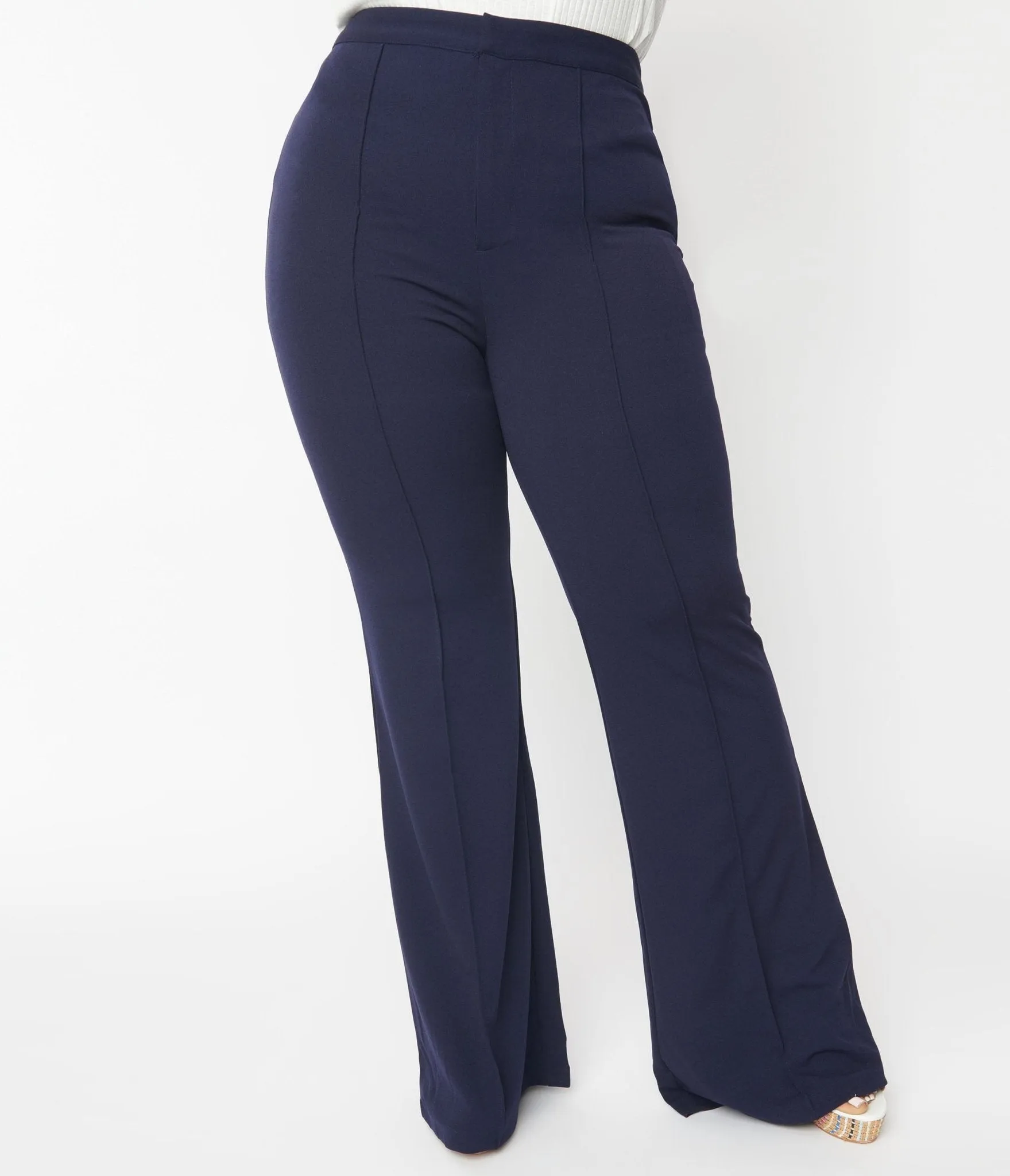 Plus Size 1970s Navy High Waist Pintuck Pants Comfortable Travel Wear