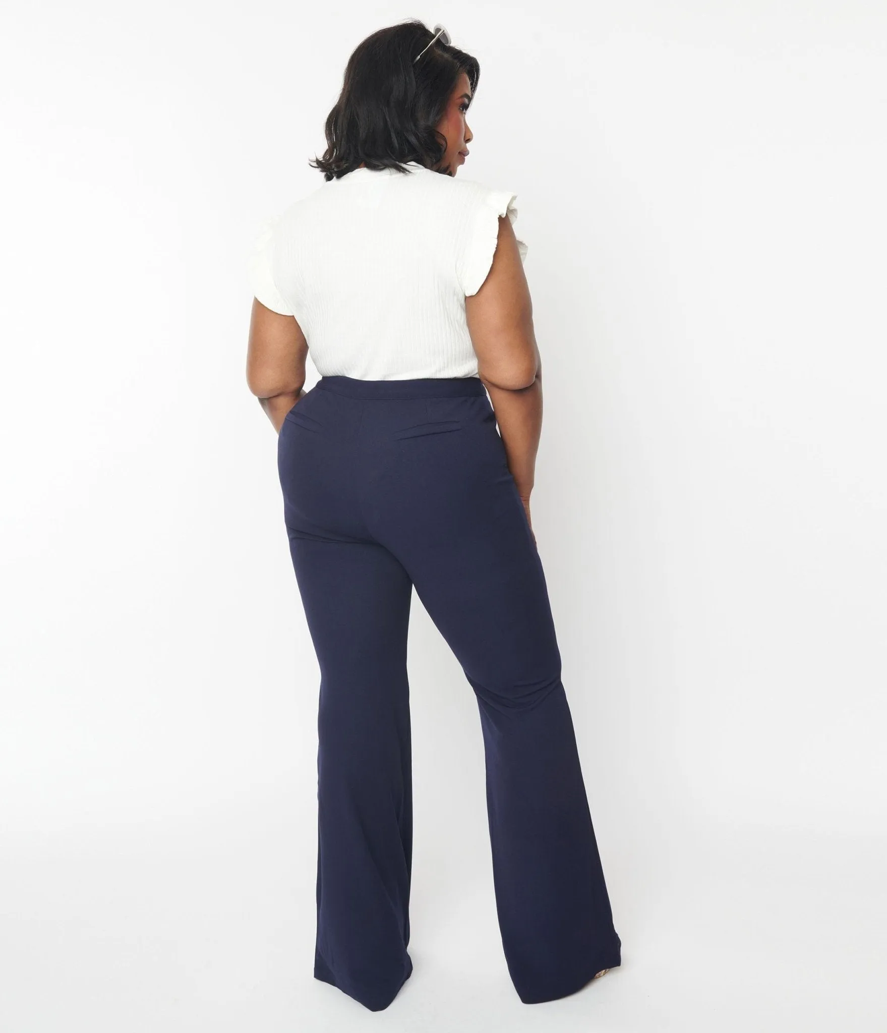Plus Size 1970s Navy High Waist Pintuck Pants Comfortable Travel Wear