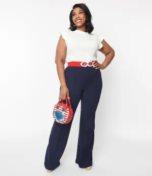 Plus Size 1970s Navy High Waist Pintuck Pants Comfortable Travel Wear