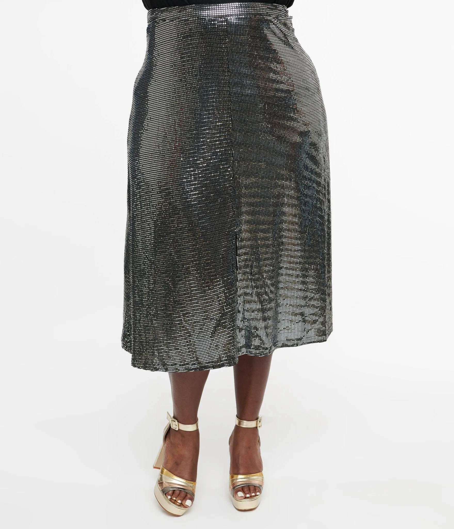 Plus Size 1970s Silver Boogie Night Midi Skirt Comfortable Travel Wear