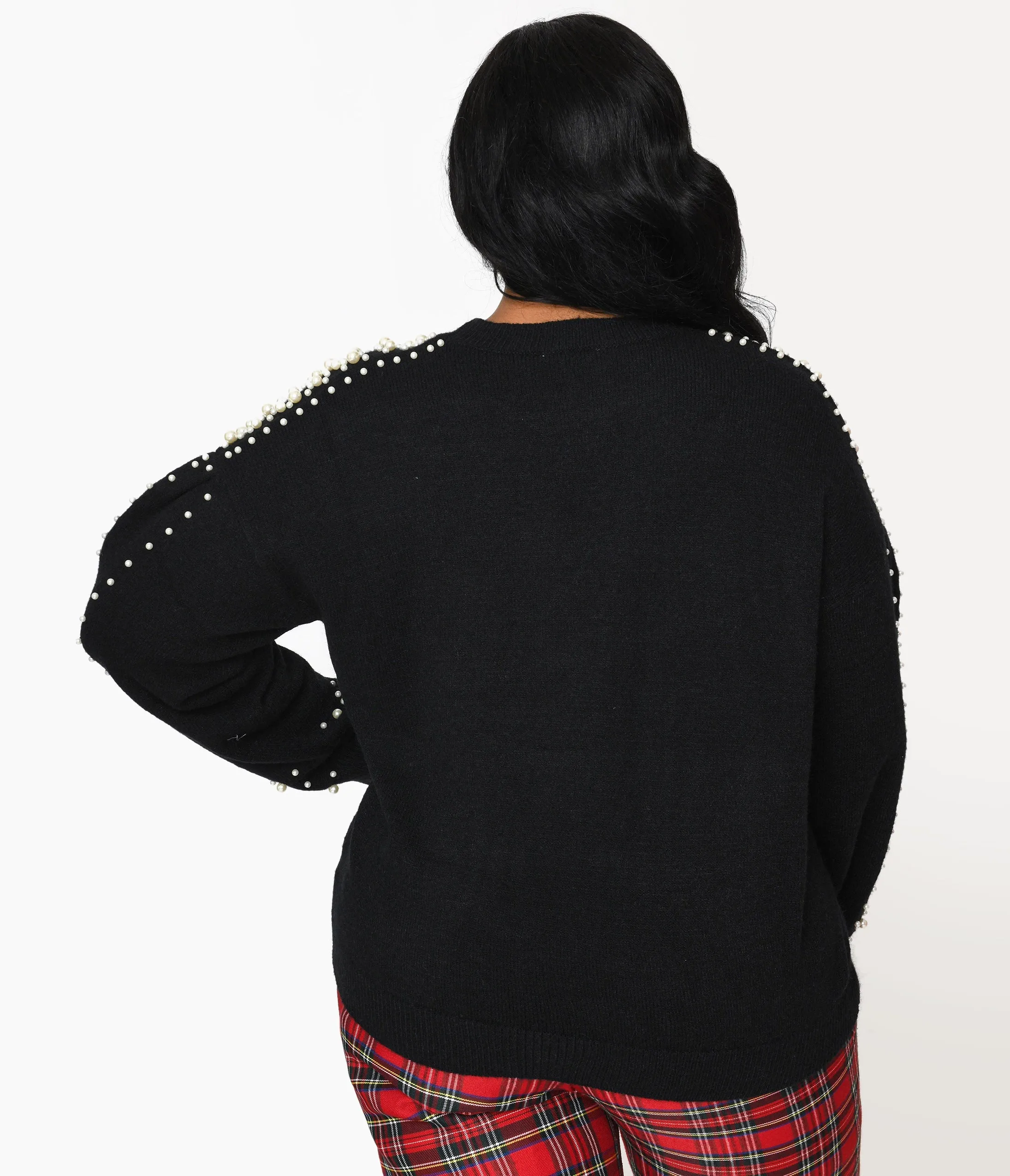 Plus Size Black & Faux Pearl Studded Knit Sweater Easy Date Night