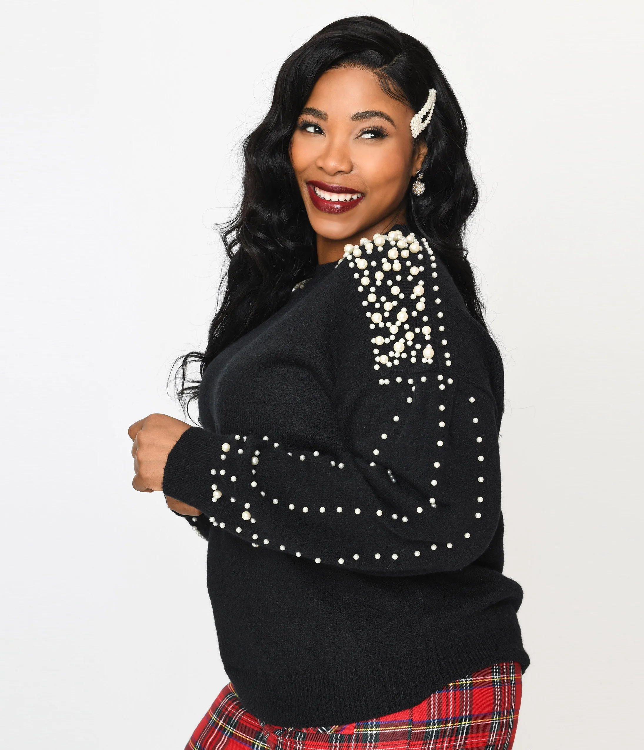 Plus Size Black & Faux Pearl Studded Knit Sweater Easy Date Night