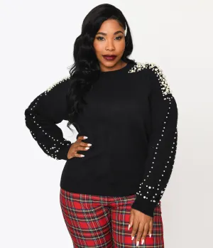 Plus Size Black & Faux Pearl Studded Knit Sweater Easy Date Night