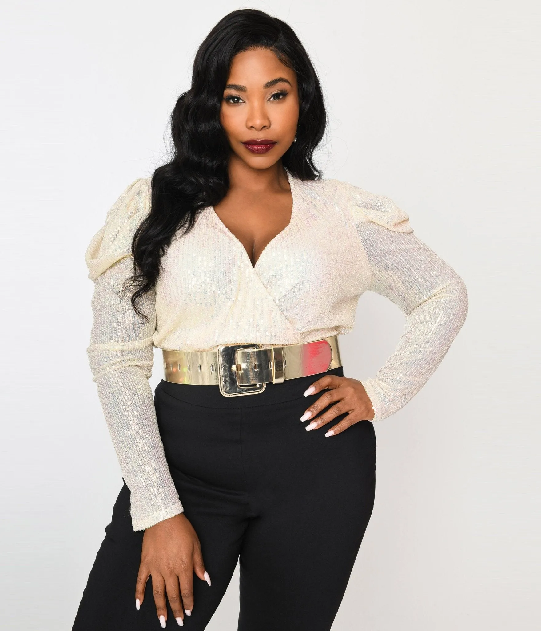 Plus Size Cream Sequin Long Sleeve Bodysuit Easy Date Night