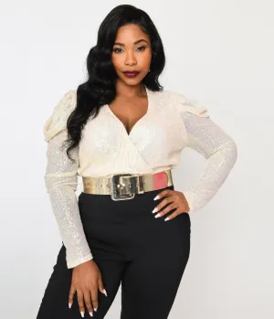 Plus Size Cream Sequin Long Sleeve Bodysuit Easy Date Night