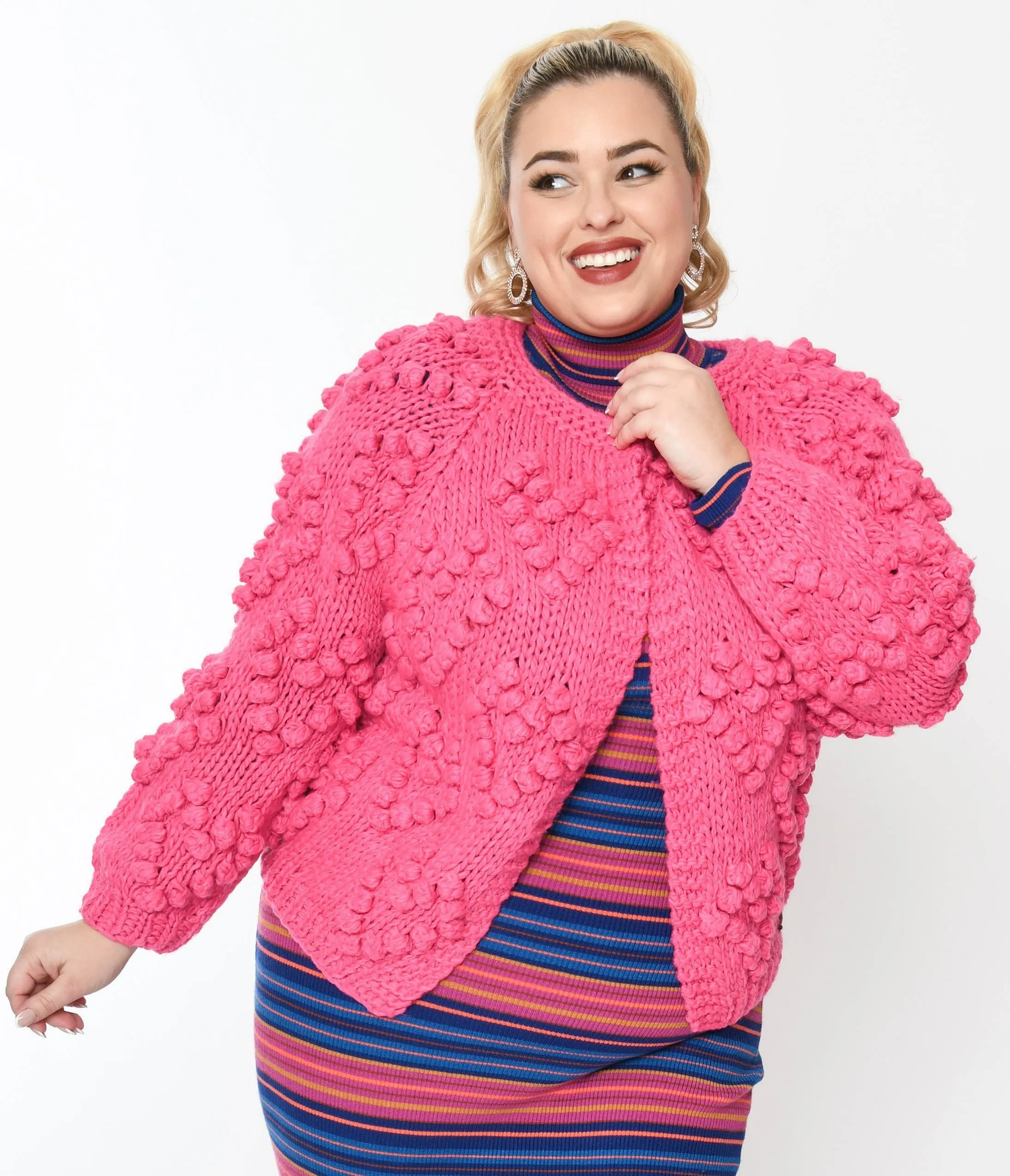 Plus Size Hot Pink Textured Knit Open Cardigan Easy Date Night