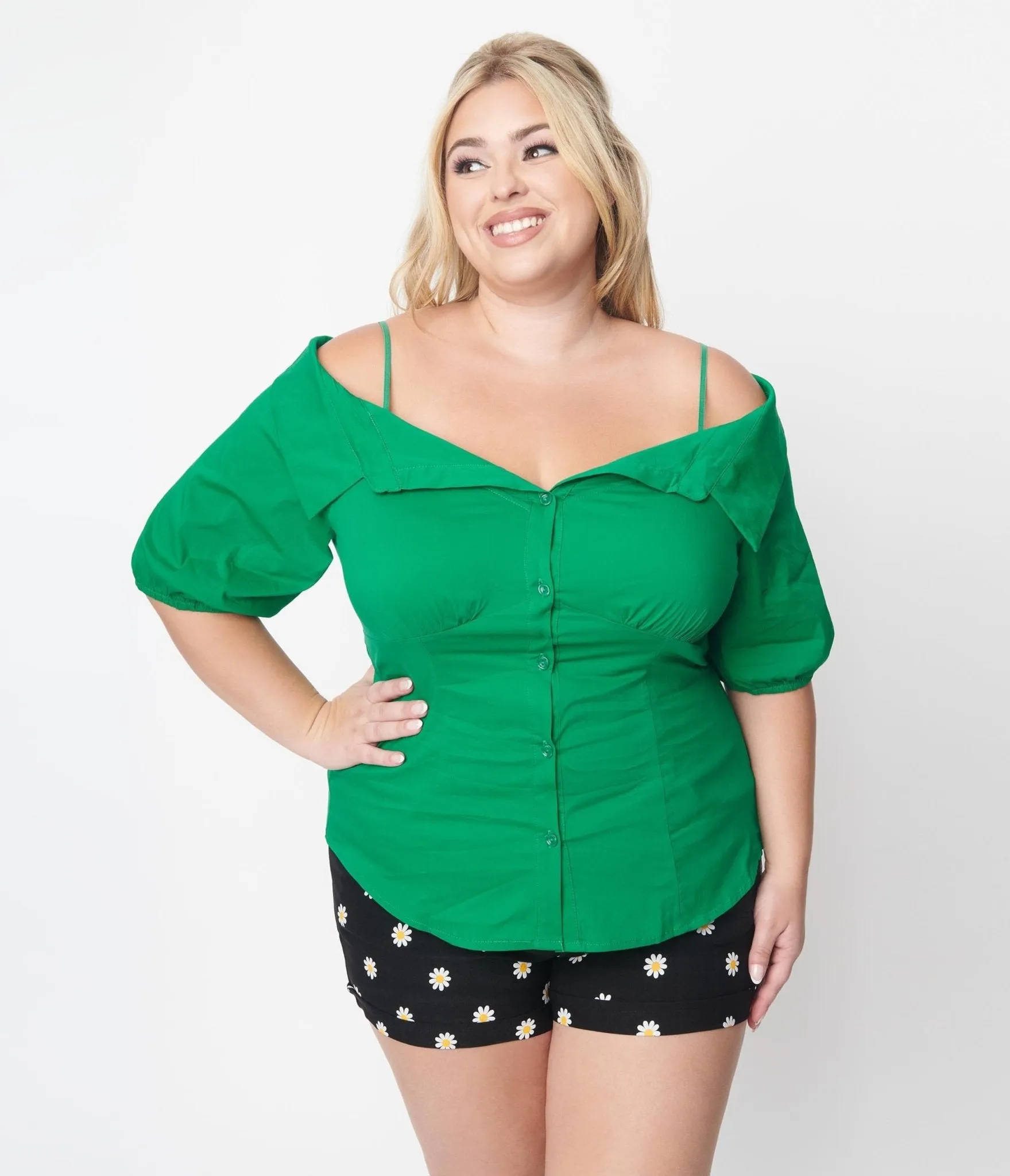 Plus Size Kelly Green Off The Shoulder Collared Top Easy Date Night