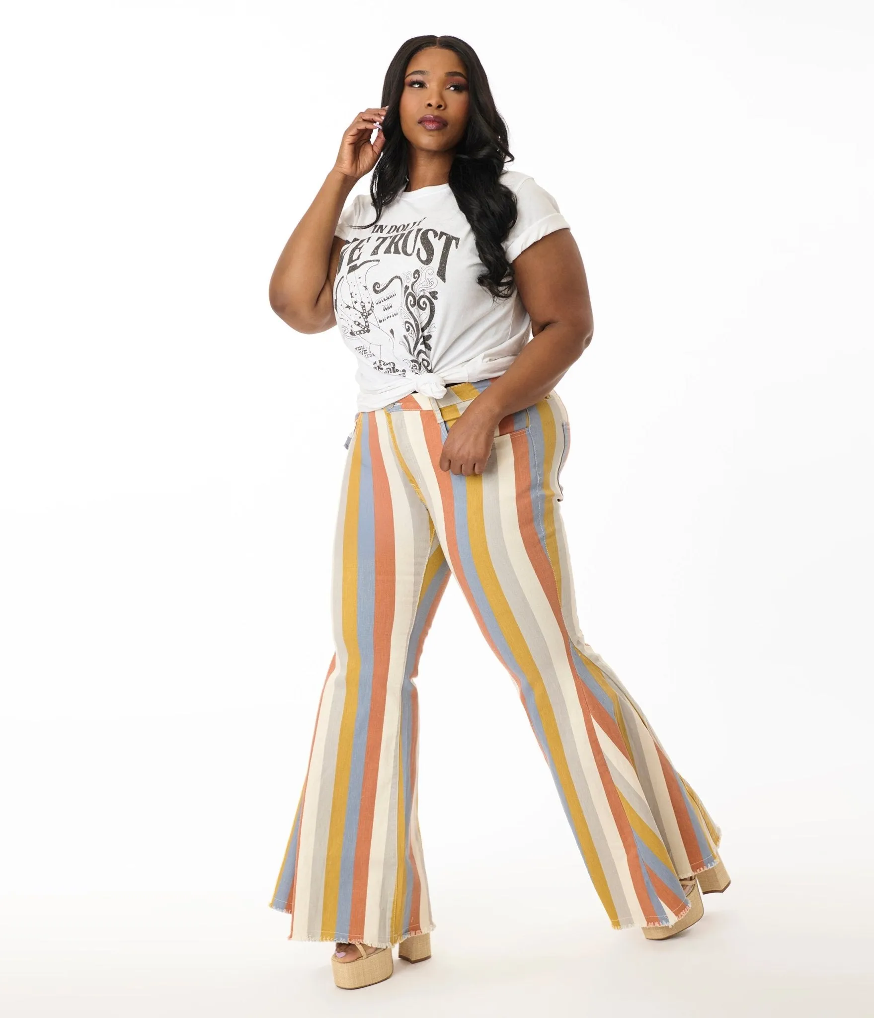Plus Size Multicolor Striped Western Denim Bell Bottoms Comfortable Travel Wear