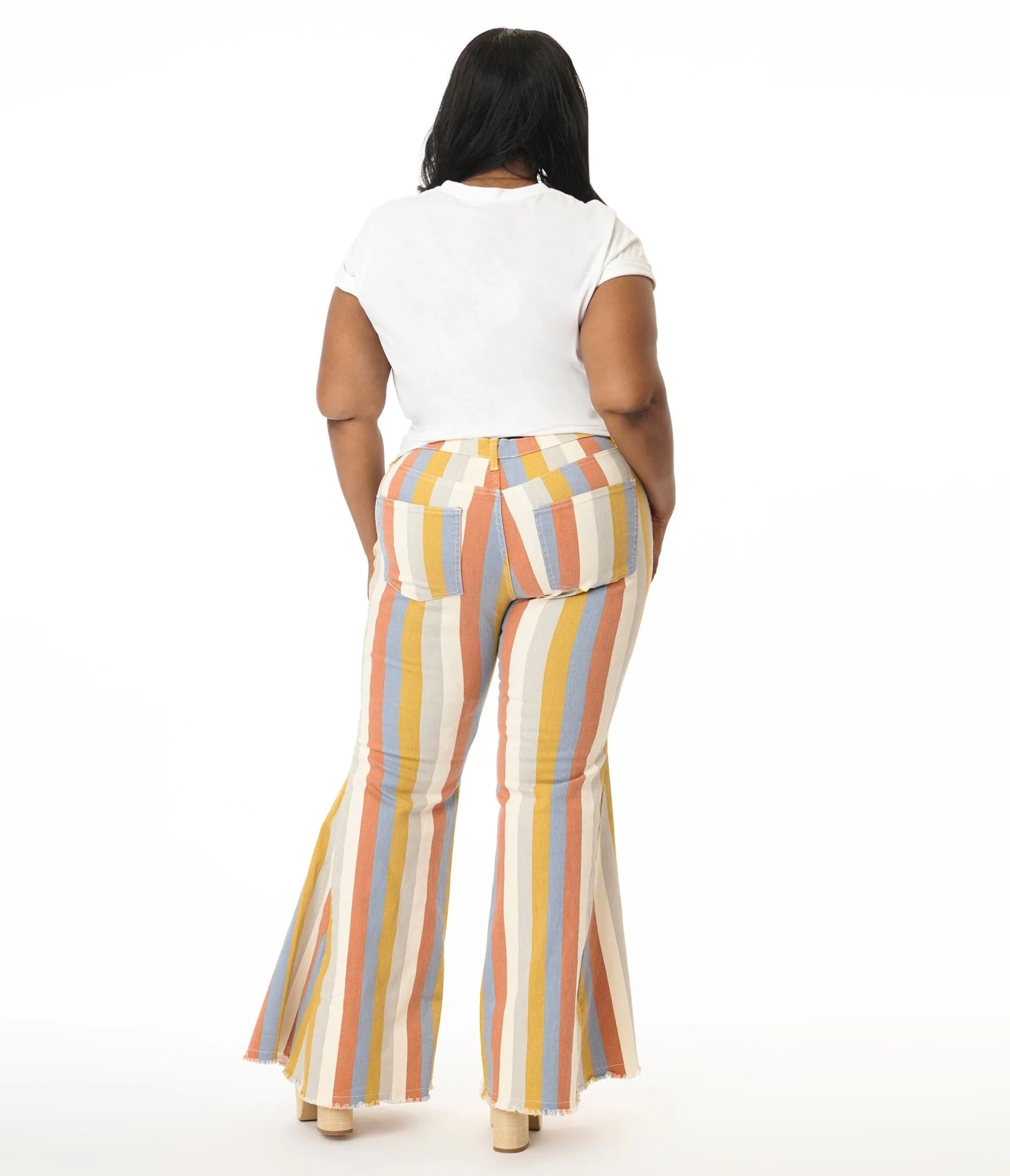 Plus Size Multicolor Striped Western Denim Bell Bottoms Comfortable Travel Wear