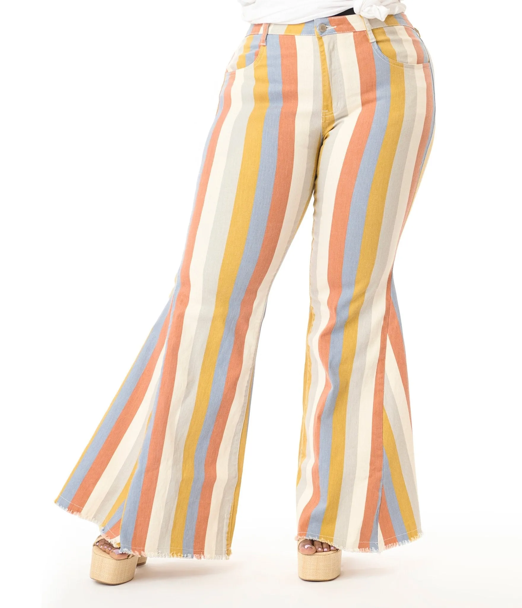 Plus Size Multicolor Striped Western Denim Bell Bottoms Comfortable Travel Wear